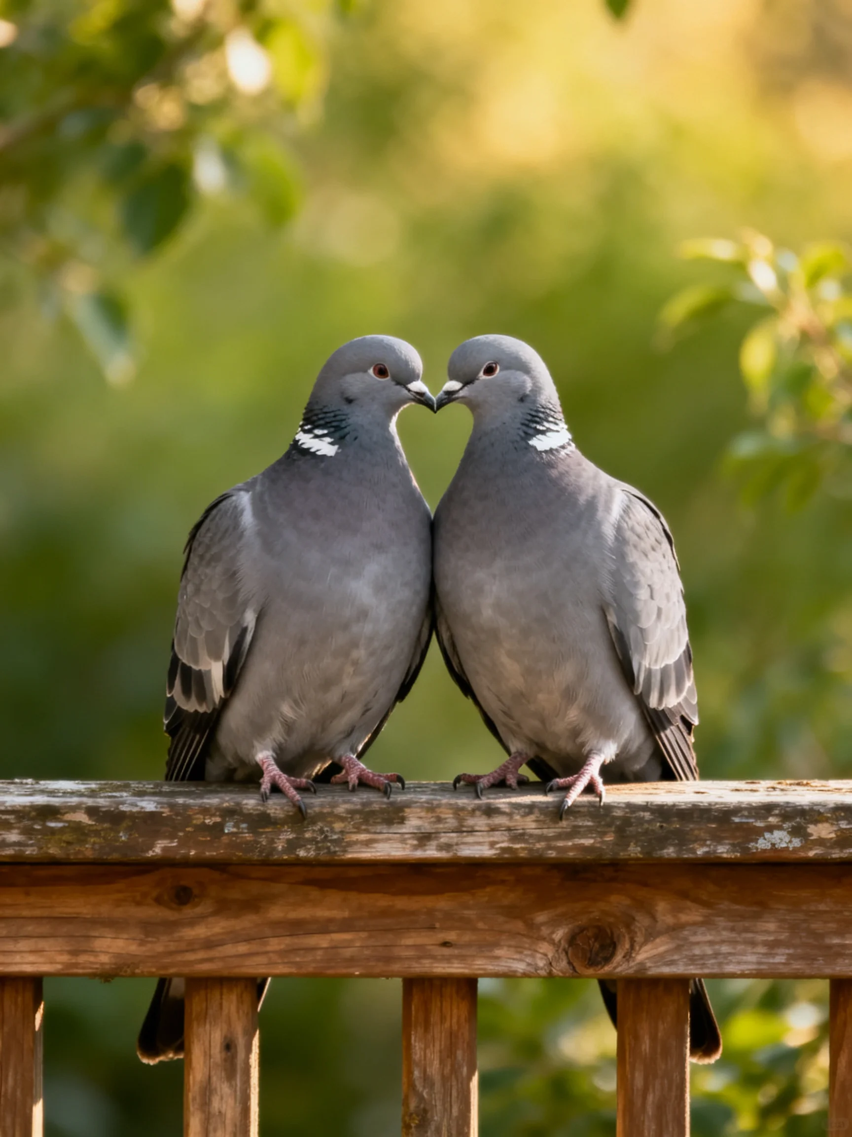 Two gray pigeons nuzzle on a weathered wooden railing