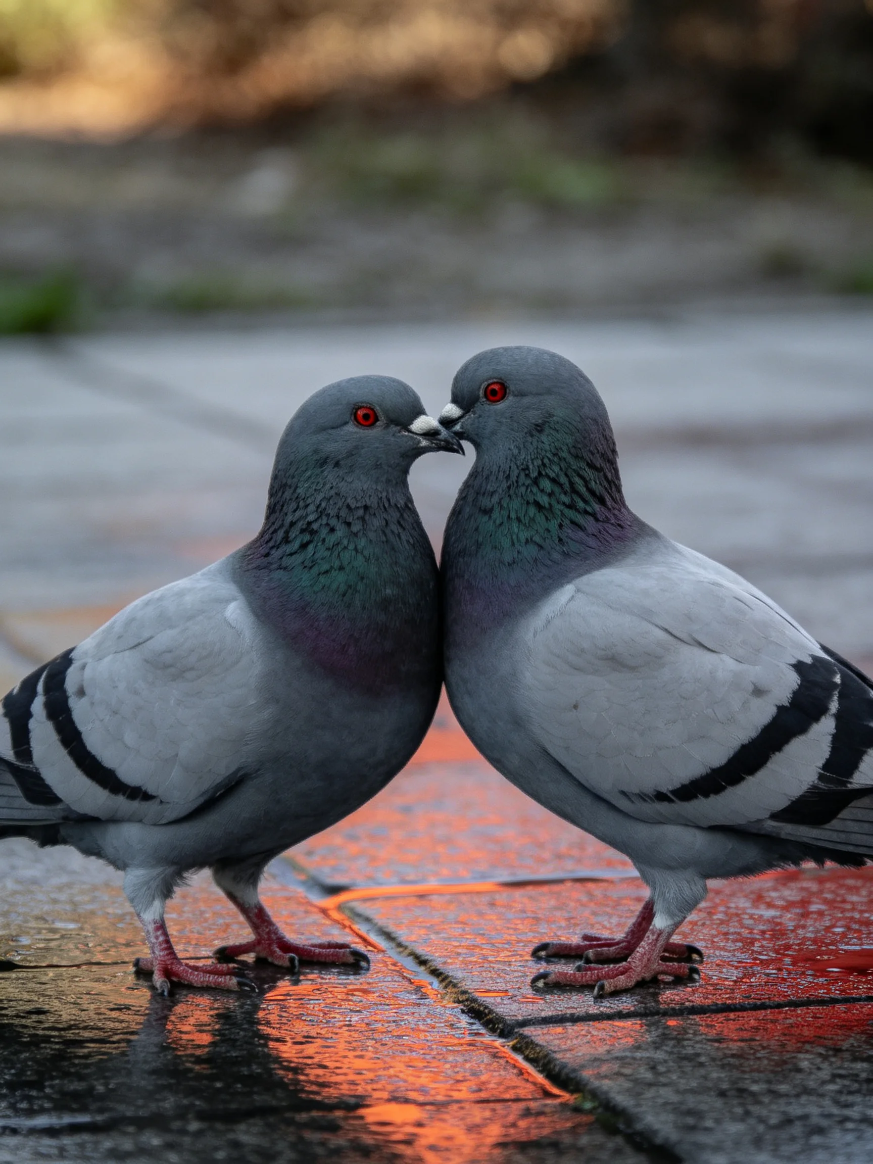 Two gray pigeons nuzzle on a wet pavement with red eye accents