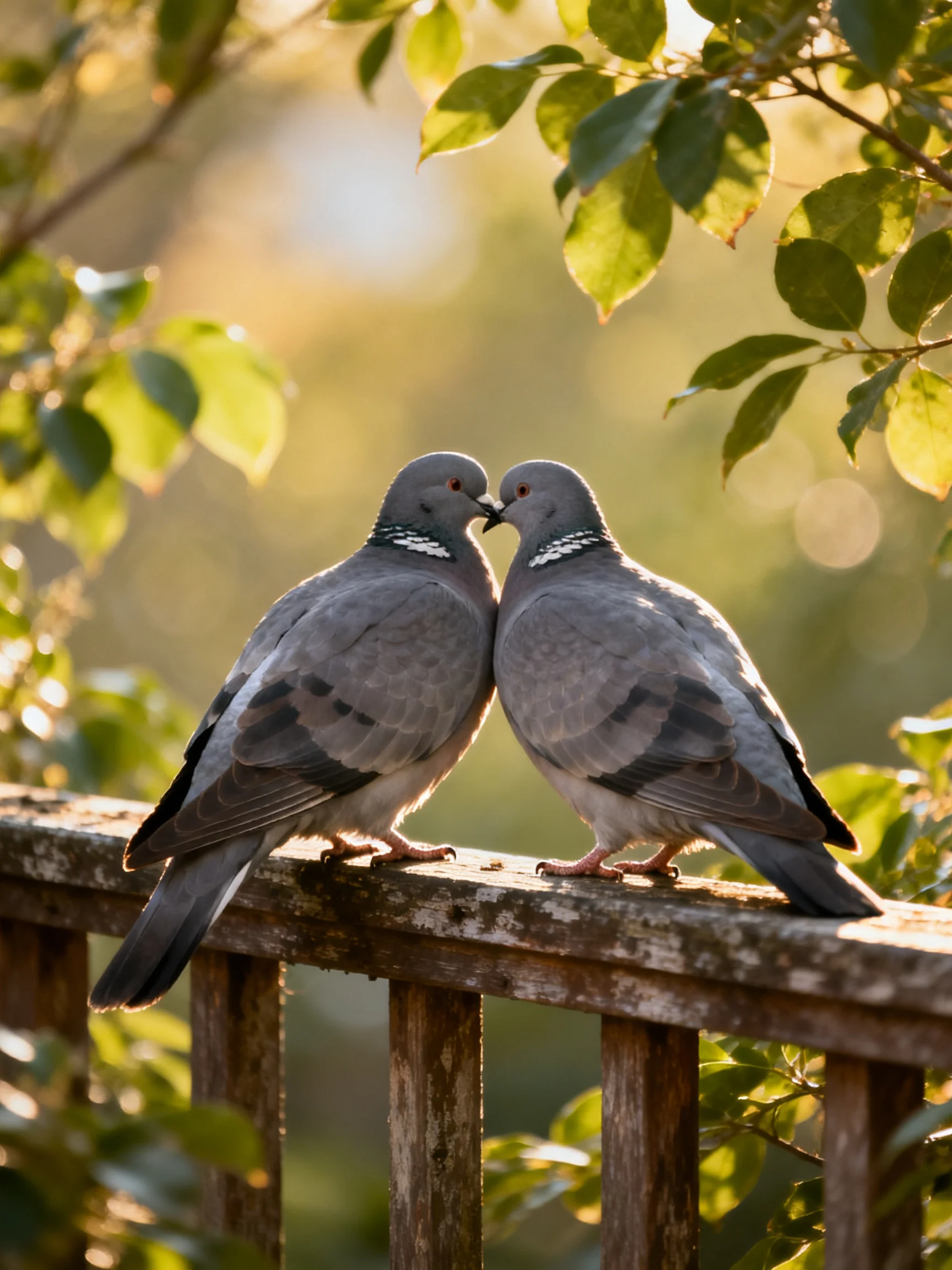 Two gray pigeons nuzzle on an aged wooden railing amid green foliage