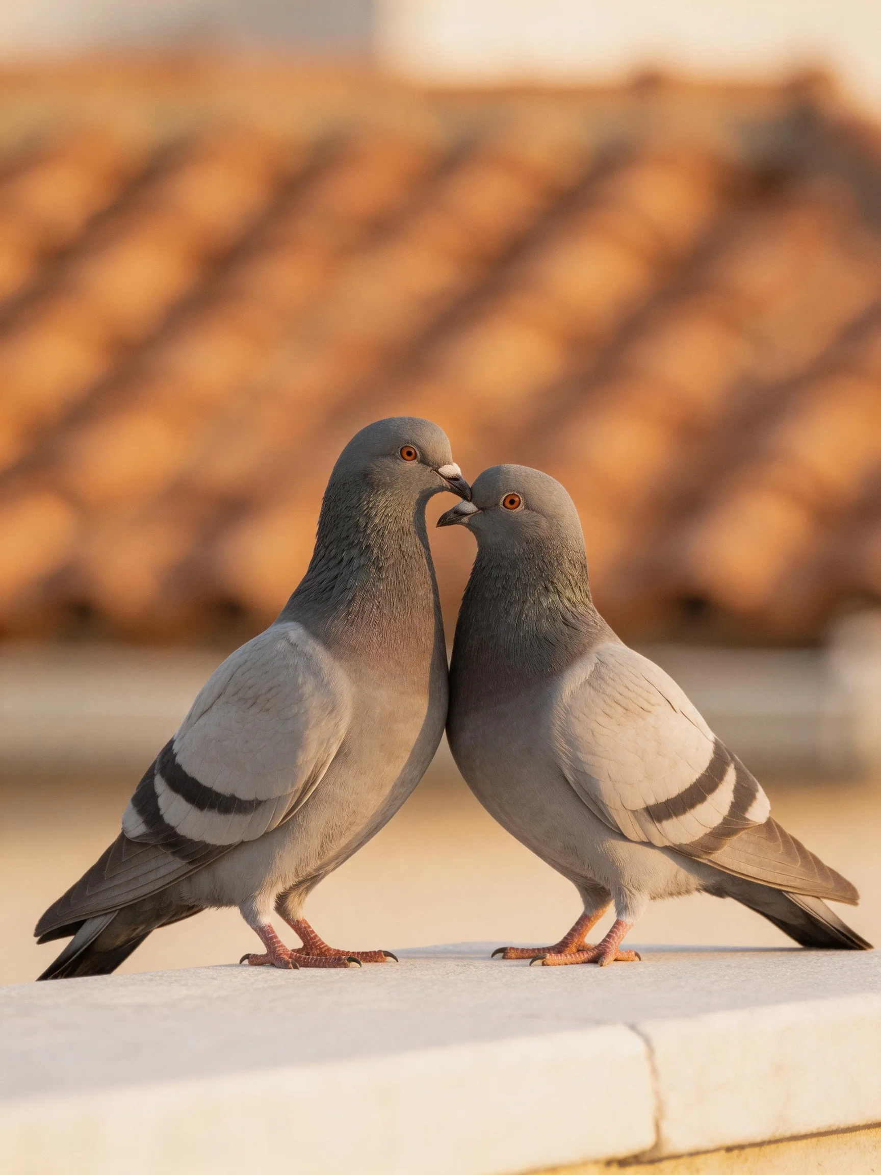 Two gray pigeons nuzzling near a terracotta-tiled roof