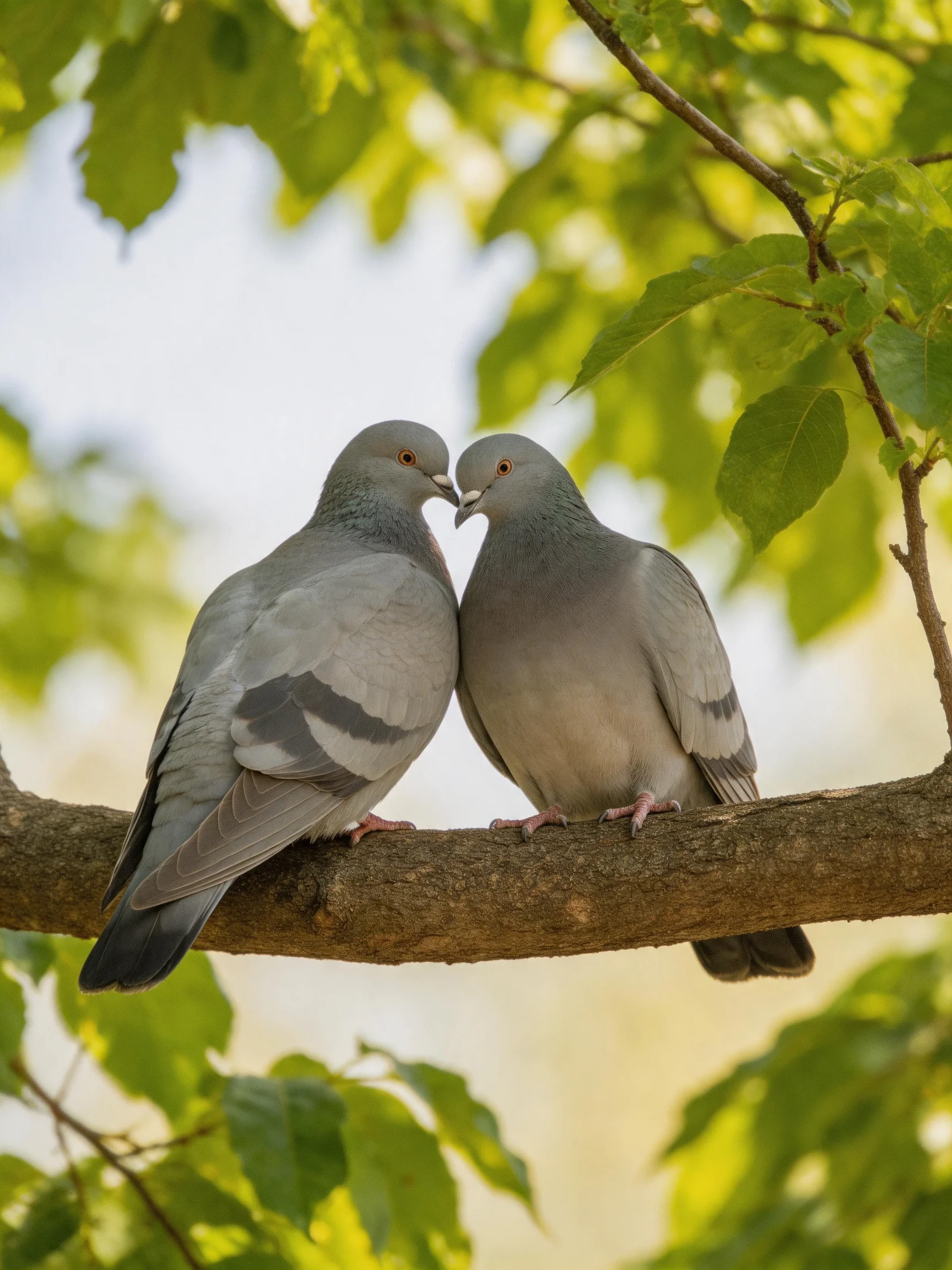 Two gray pigeons nuzzling on a tree branch amid green foliage