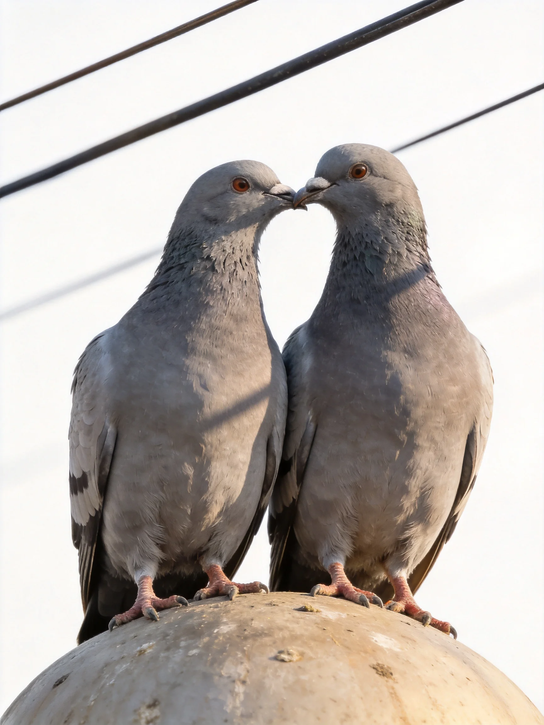 Two gray pigeons nuzzling on a weathered concrete structure