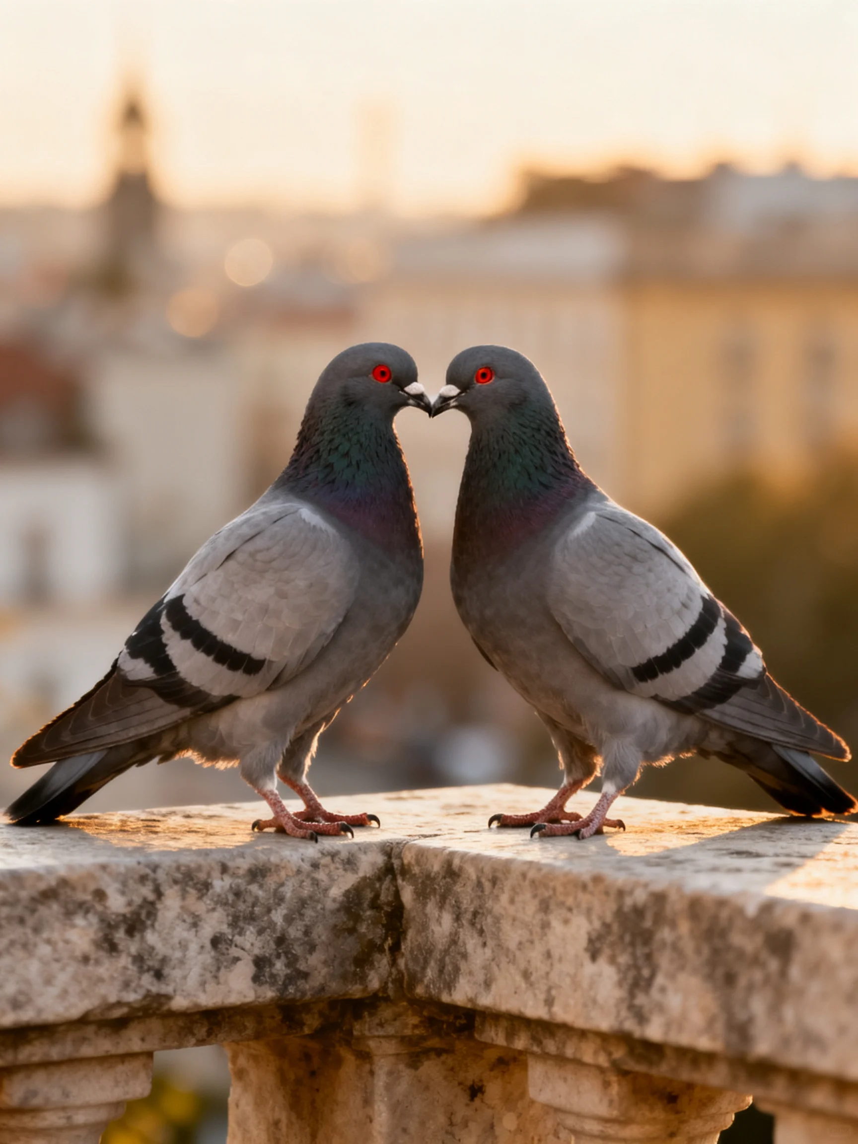 Two gray pigeons nuzzling on a weathered stone ledge