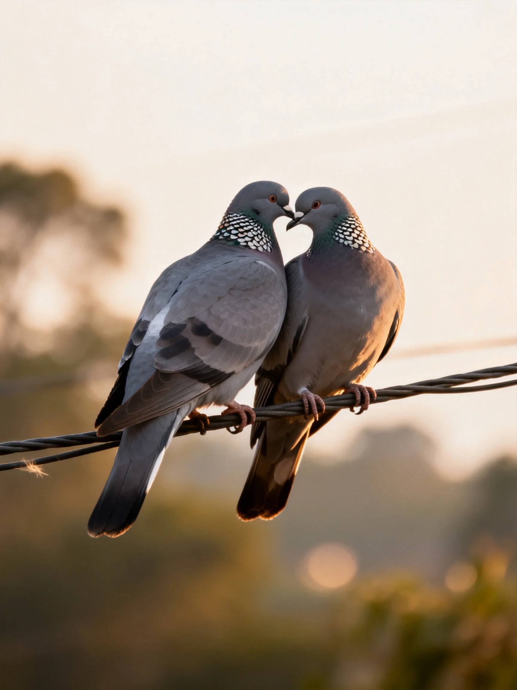 Two gray pigeons nuzzling together on a wire during golden hour
