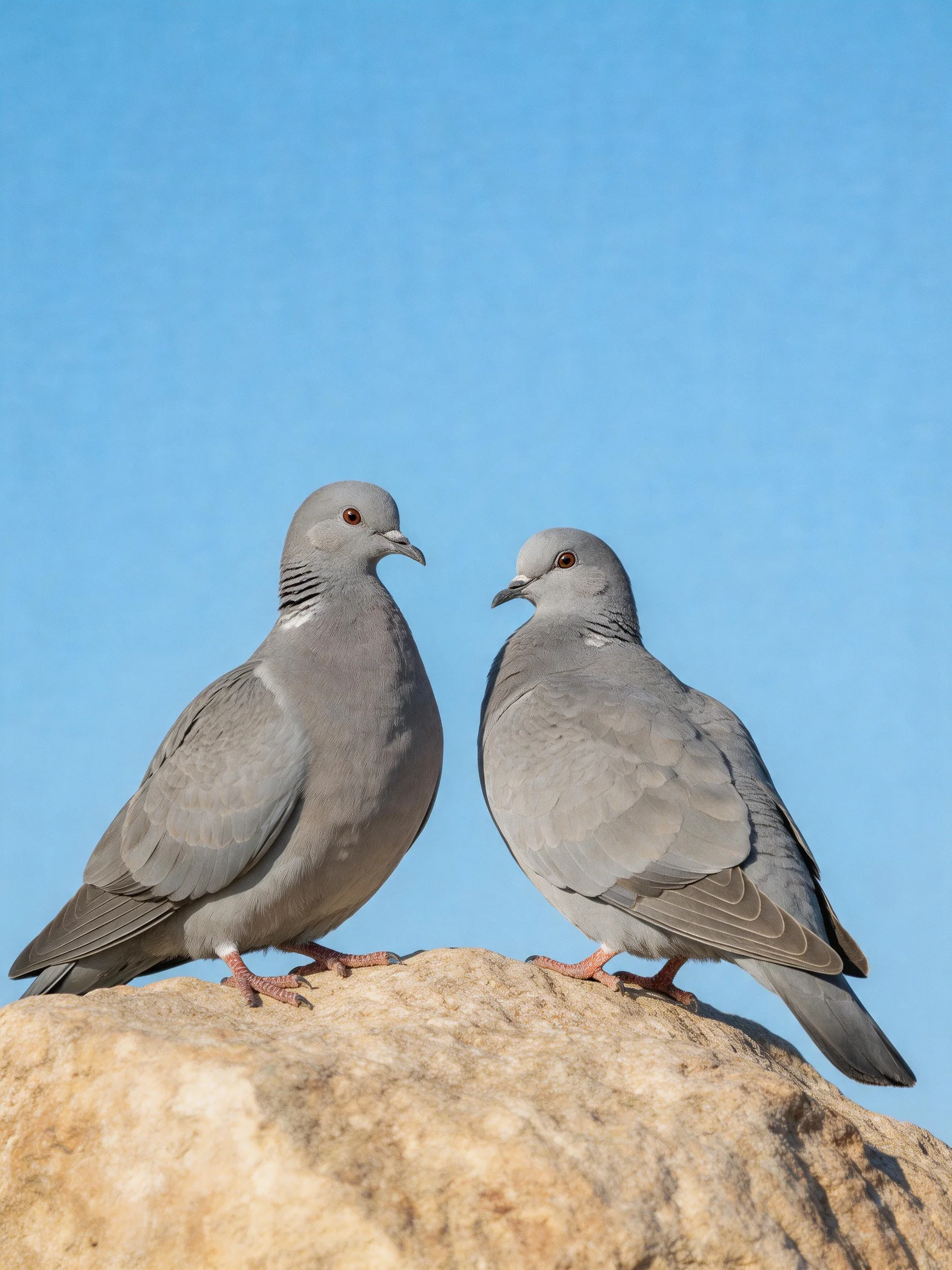 Two gray pigeons on a beige rock under clear blue sky