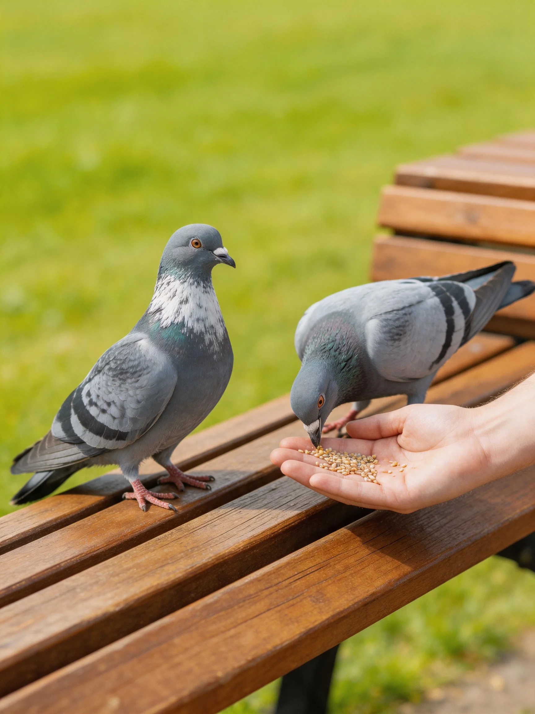 Two gray pigeons on a wooden bench with a hand offering seeds