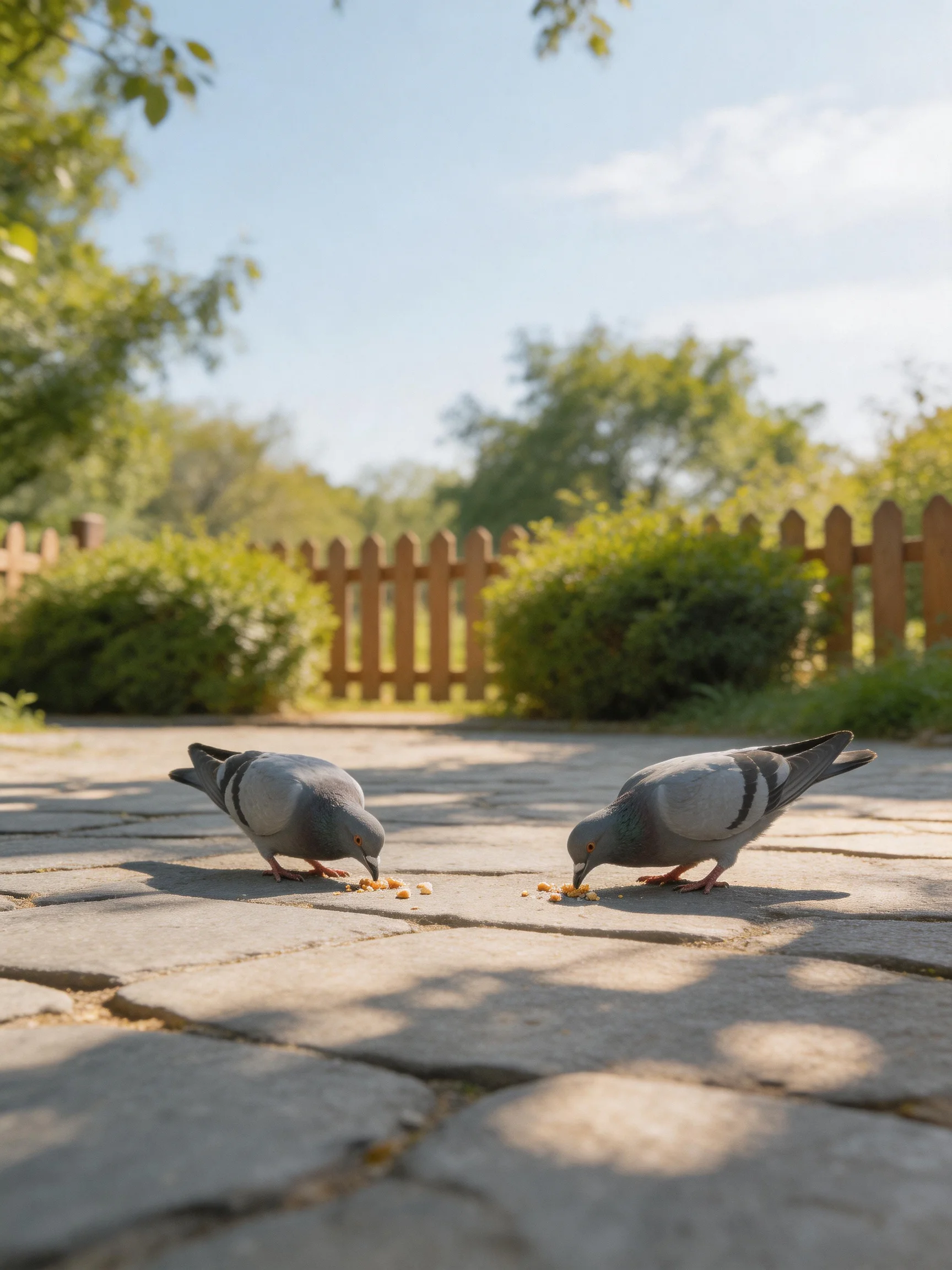 Two gray pigeons pecking food on a stone patio near a wooden fence