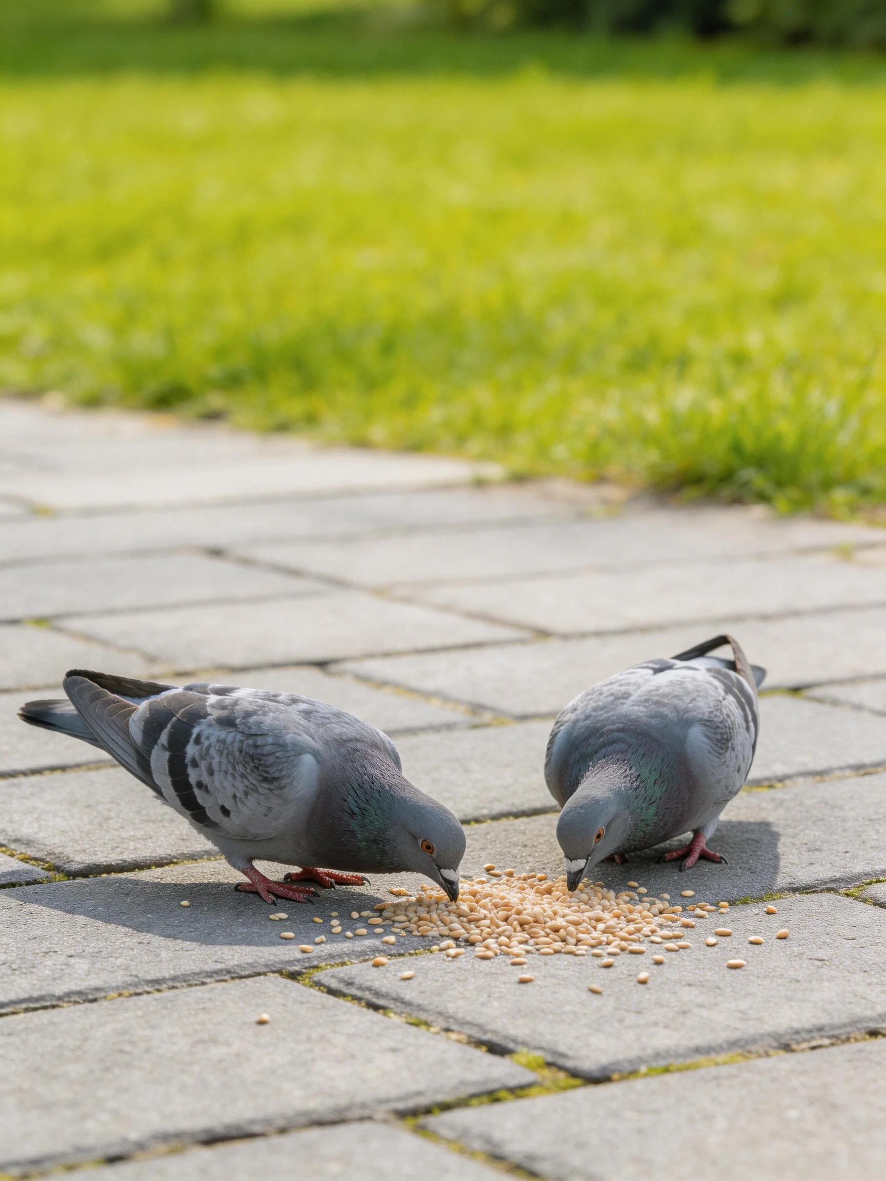 Two gray pigeons pecking seeds on stone pavement near green grass
