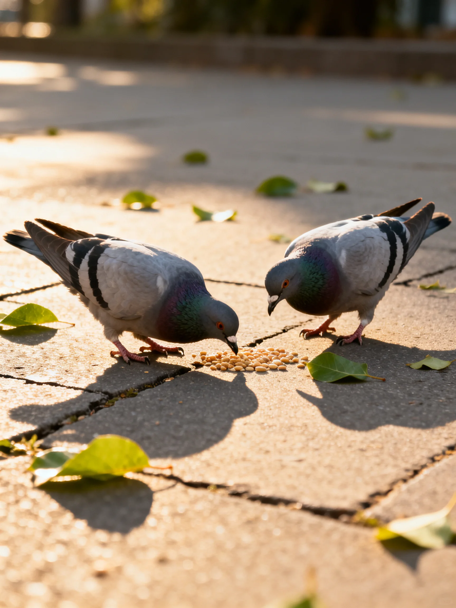 Two gray pigeons pecking seeds on sunlit pavement with scattered leaves