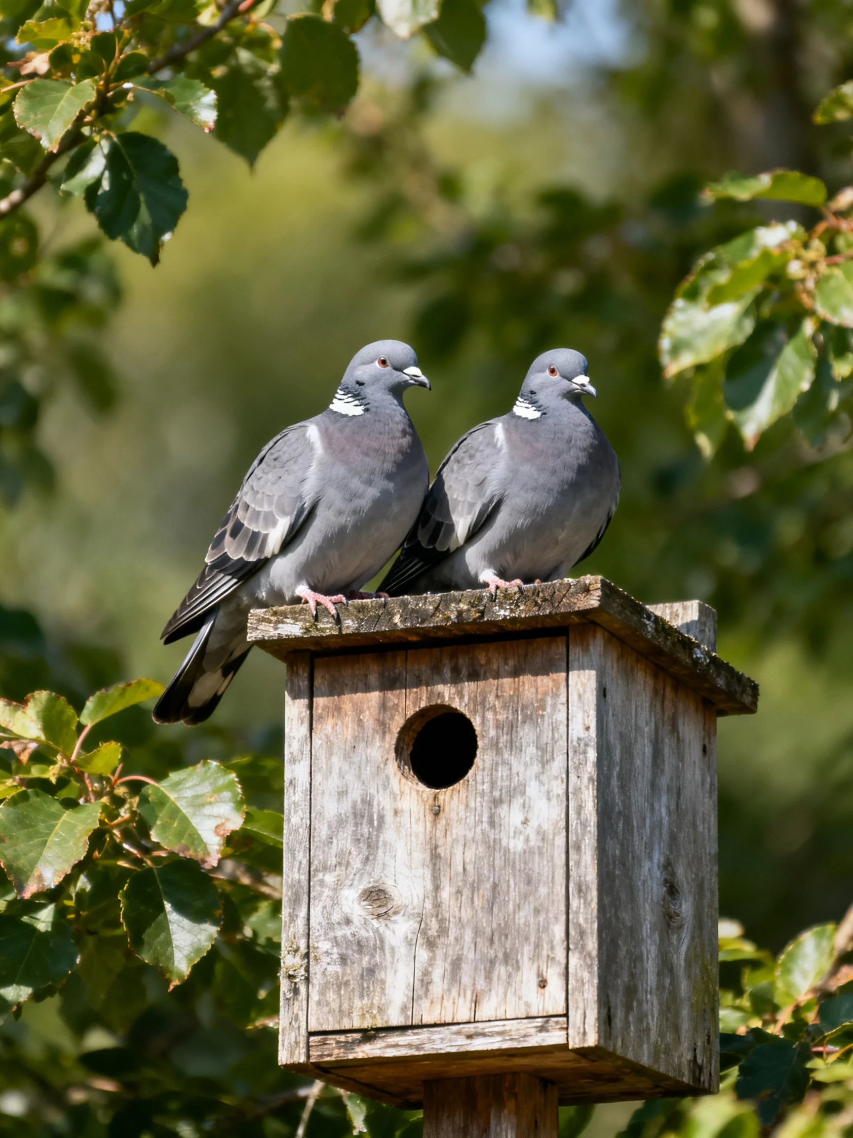 Two gray pigeons perch atop an aged wooden birdhouse amid lush greenery
