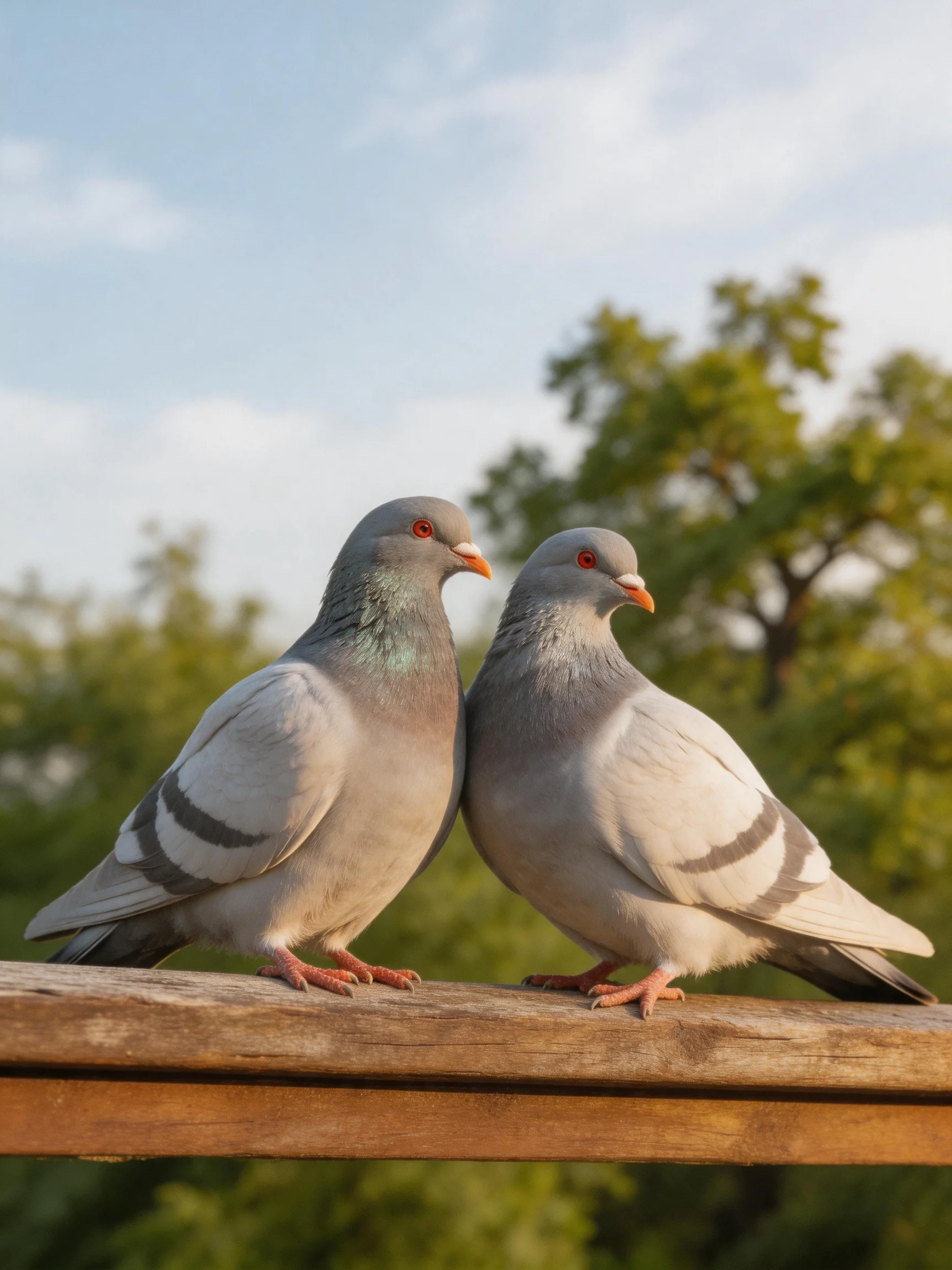 Two gray pigeons perch closely on a wooden beam