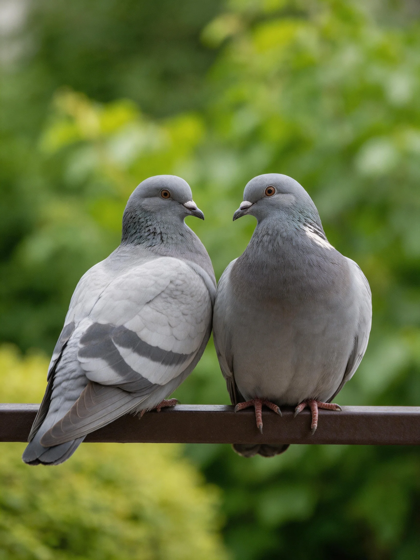 Two gray pigeons perch closely together on a metal bar with green foliage