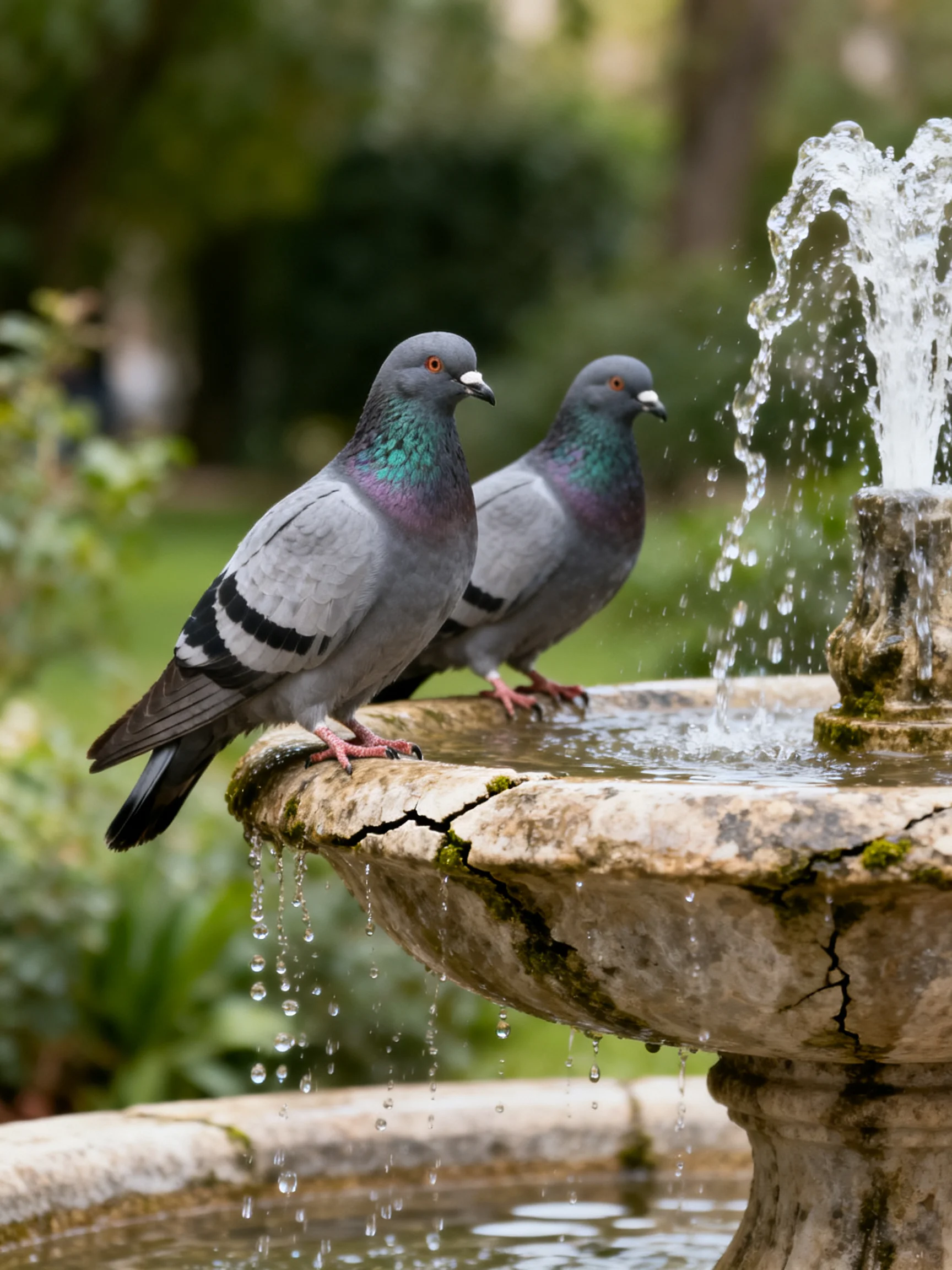 Two gray pigeons perch near a weathered stone fountain with spraying water