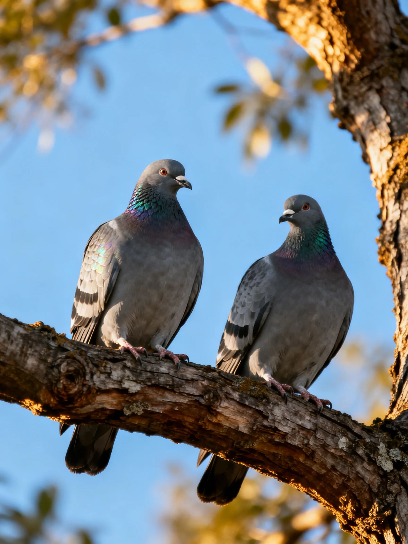 Two gray pigeons perch on a gnarled tree branch under a clear blue sky