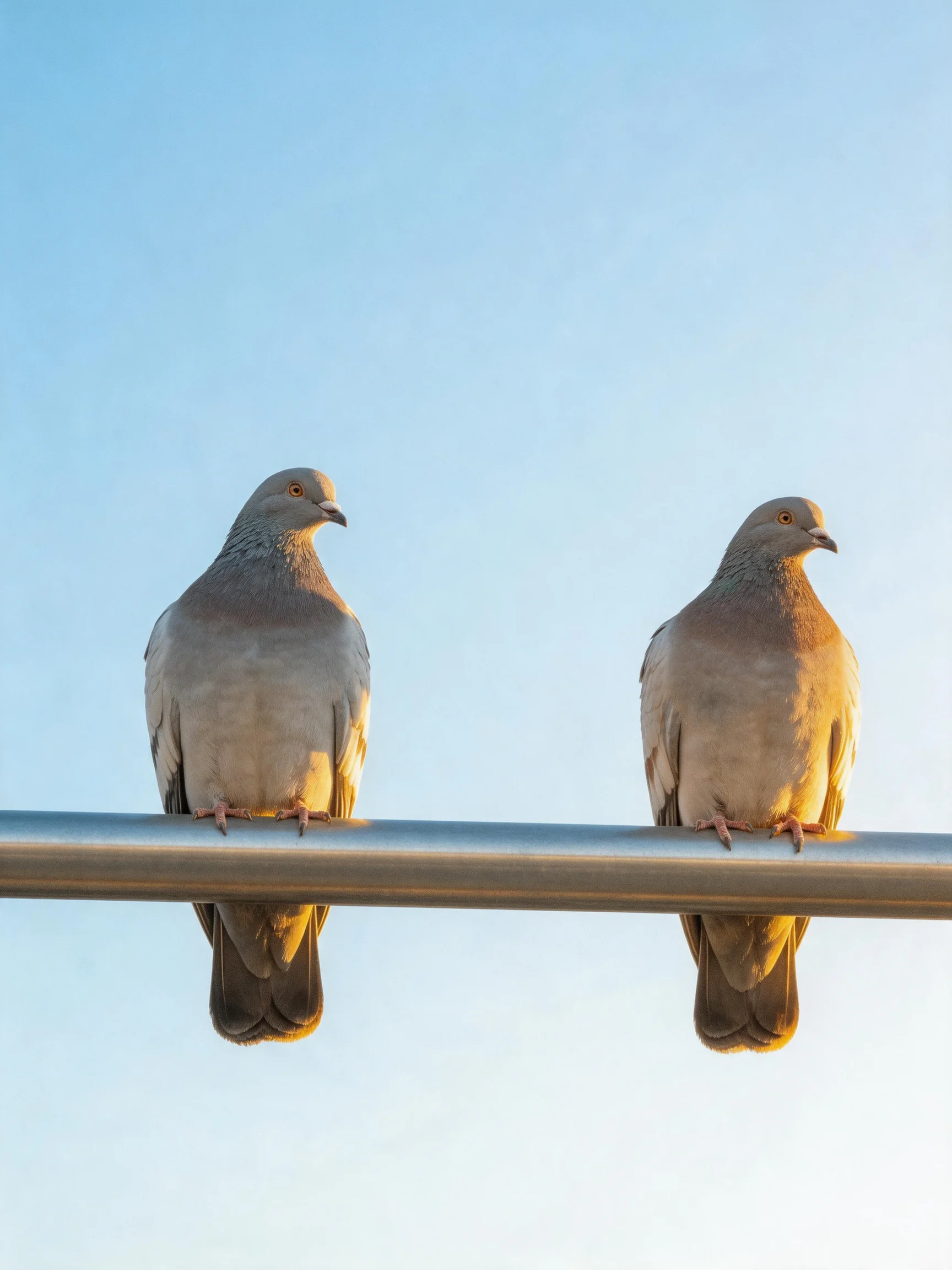 Two gray pigeons perch on a metallic bar beneath a clear blue sky