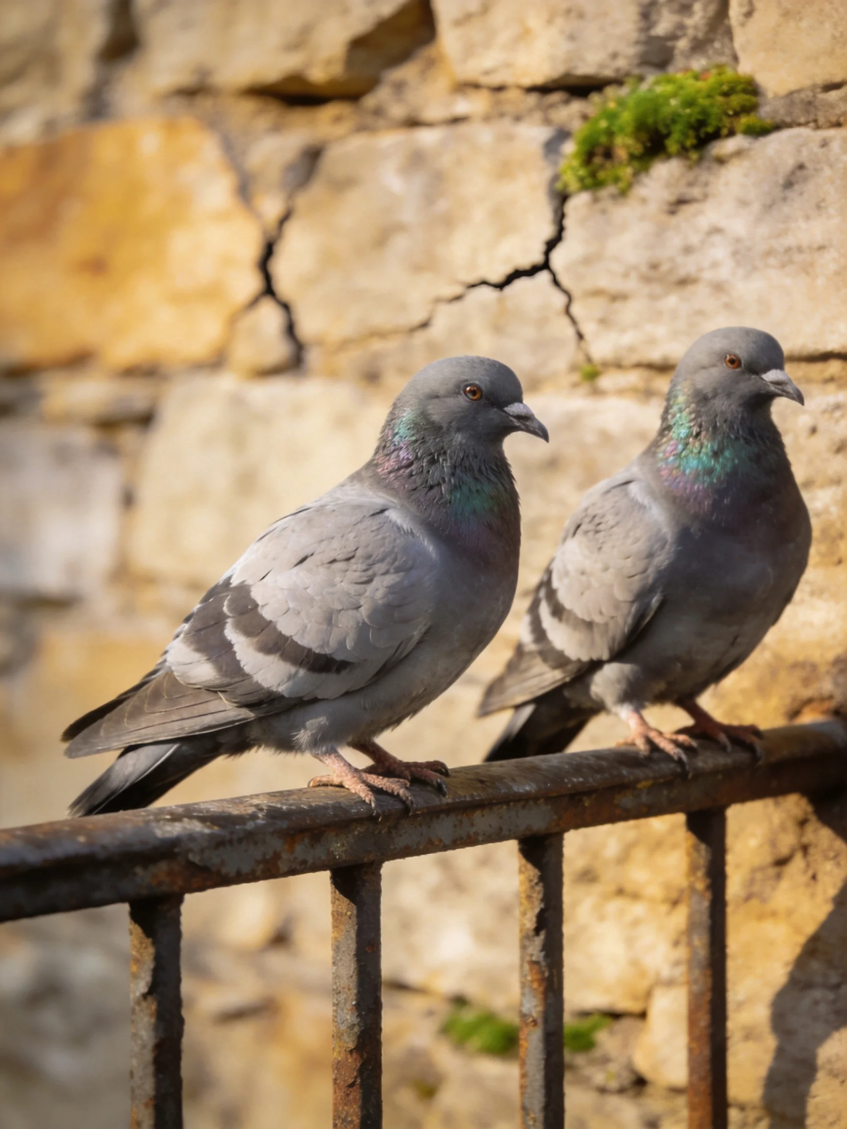 Two gray pigeons perch on a rusty metal railing near an aged stone wall