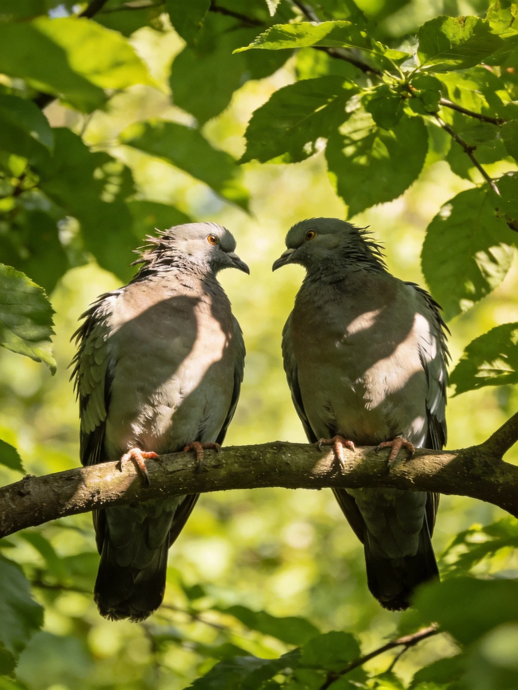 Two gray pigeons perch on a tree branch amid lush green foliage