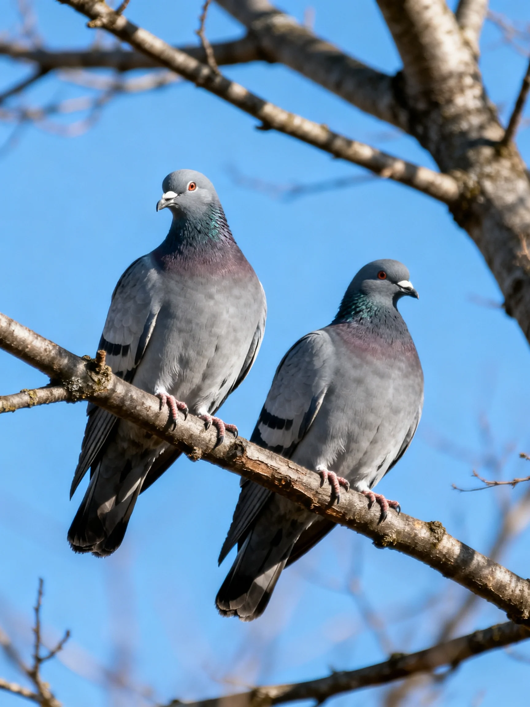 Two gray pigeons perch on a tree branch under a clear blue sky