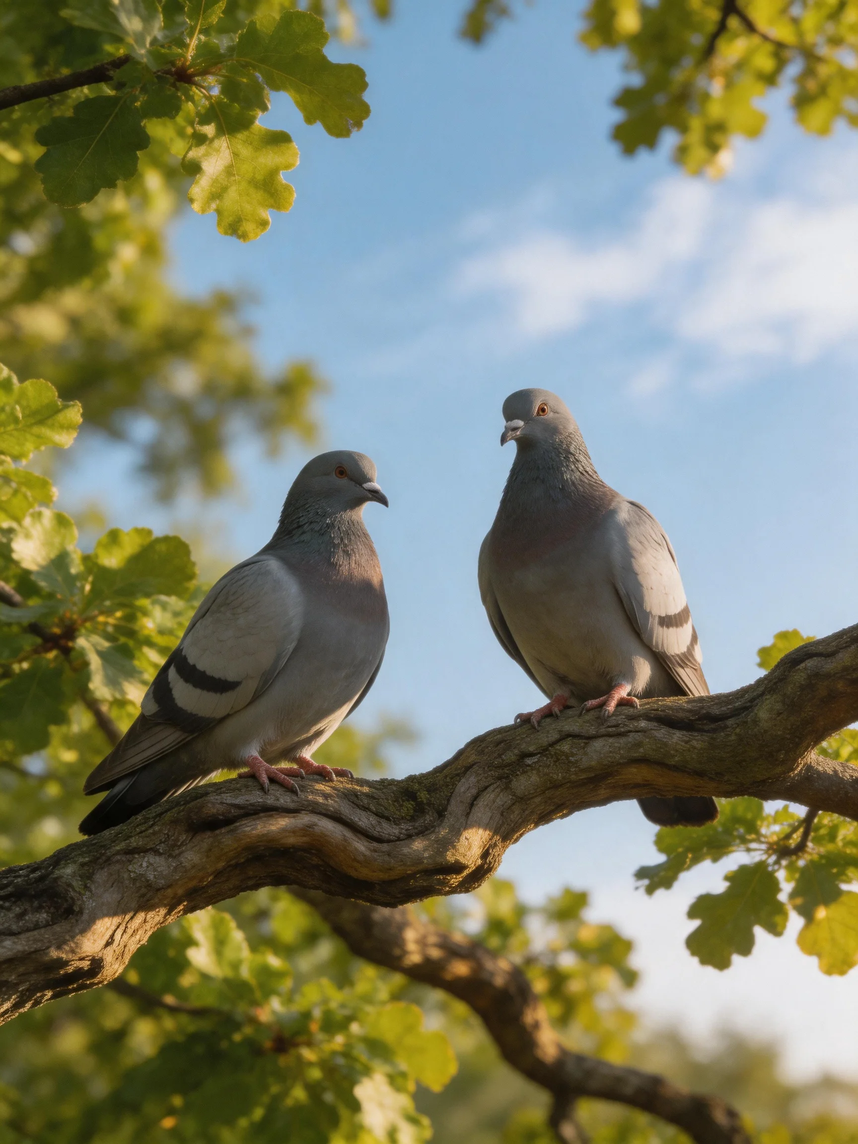 Two gray pigeons perch on a twisted tree branch amid green foliage.
