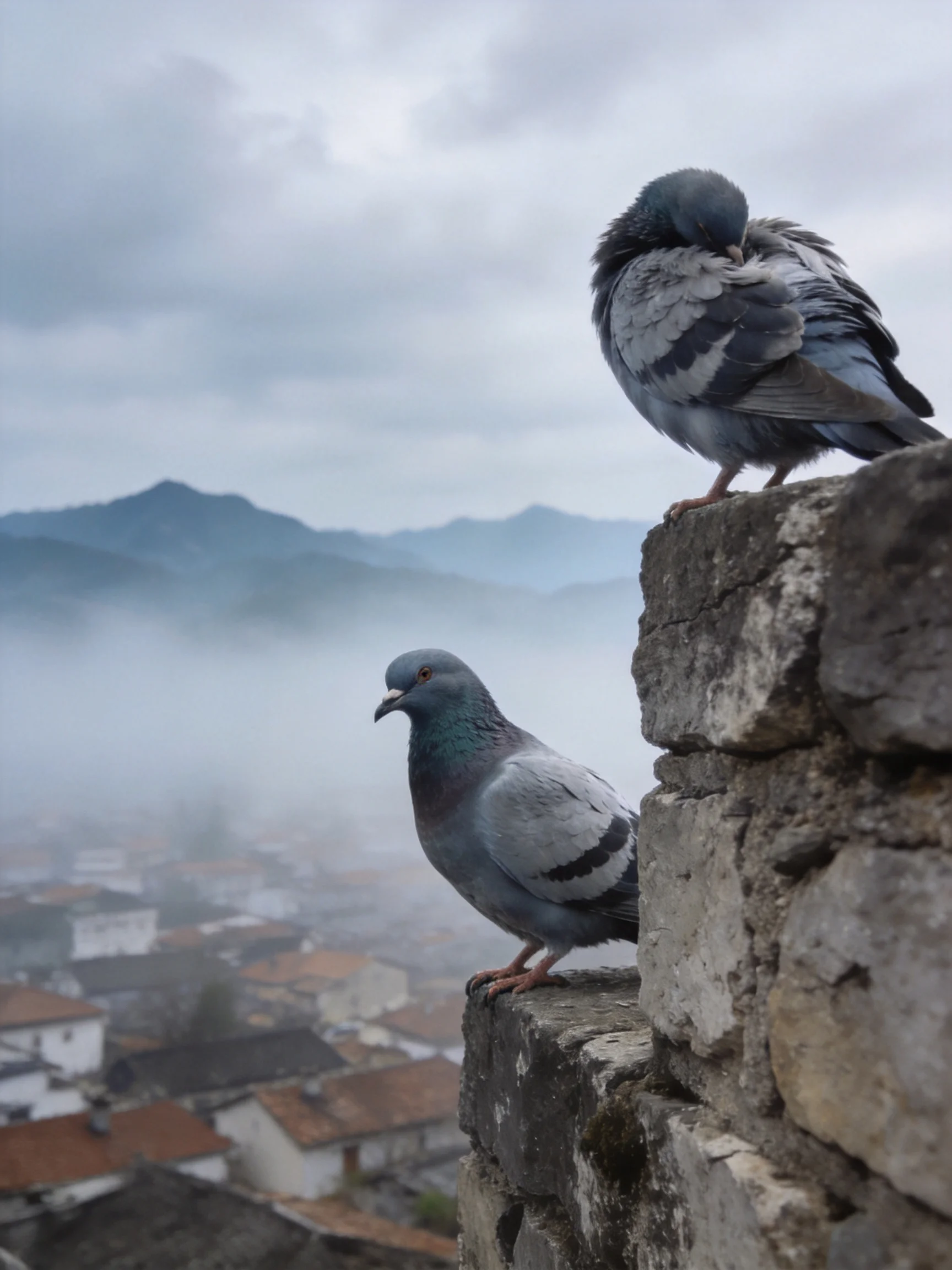 Two gray pigeons perch on a weathered stone wall overlooking a misty town