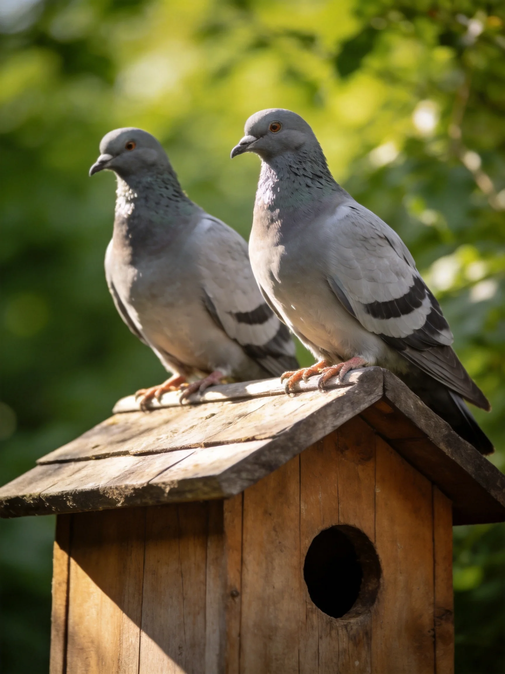 Two gray pigeons perch on a weathered wooden birdhouse with green backdrop