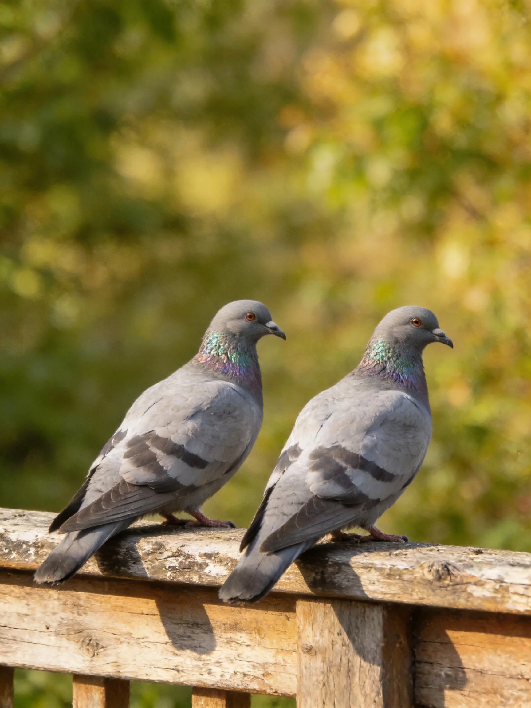 Two gray pigeons perch on a weathered wooden fence with green foliage