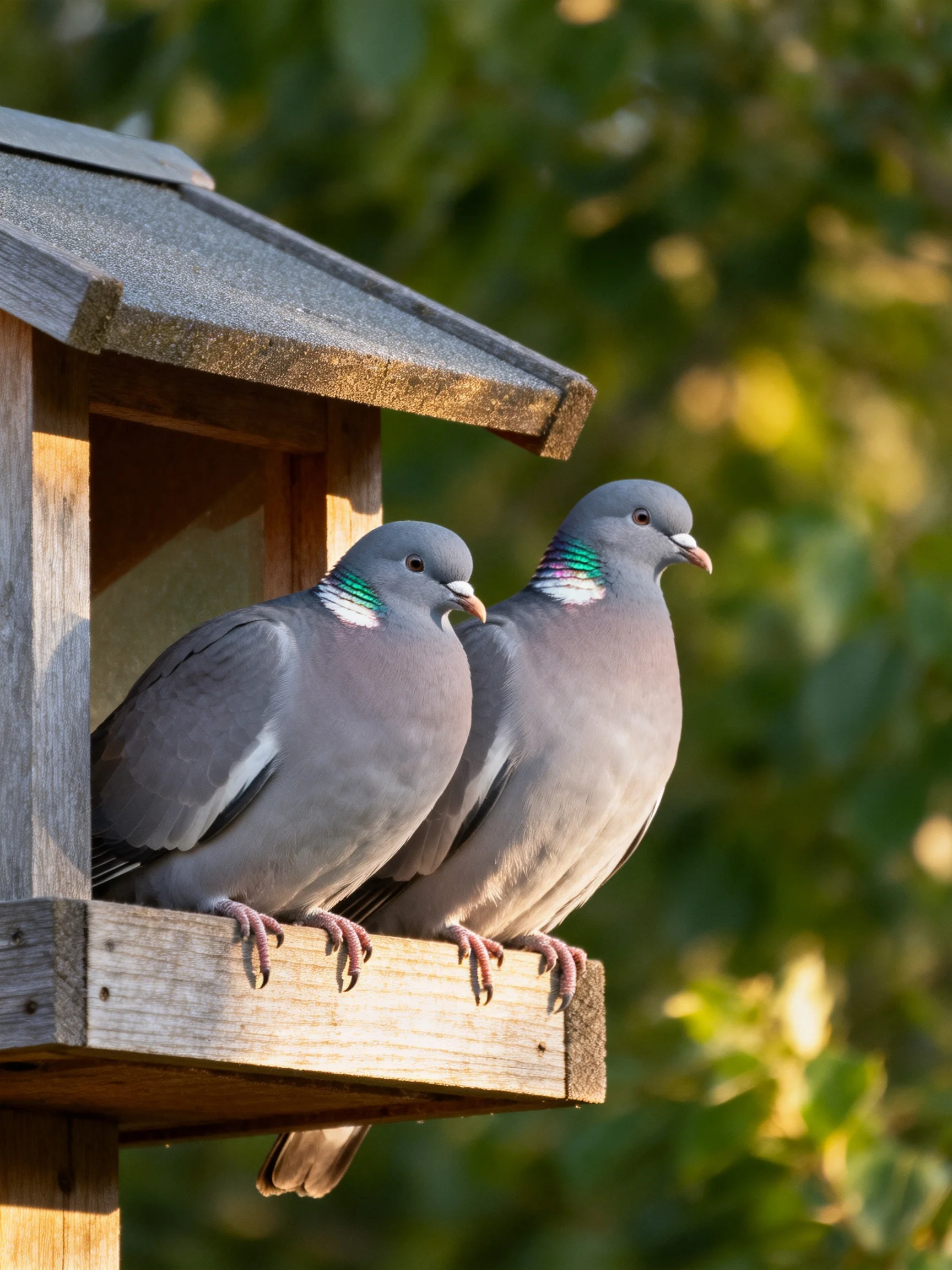 Two gray pigeons perch on a wooden birdhouse near leafy greenery