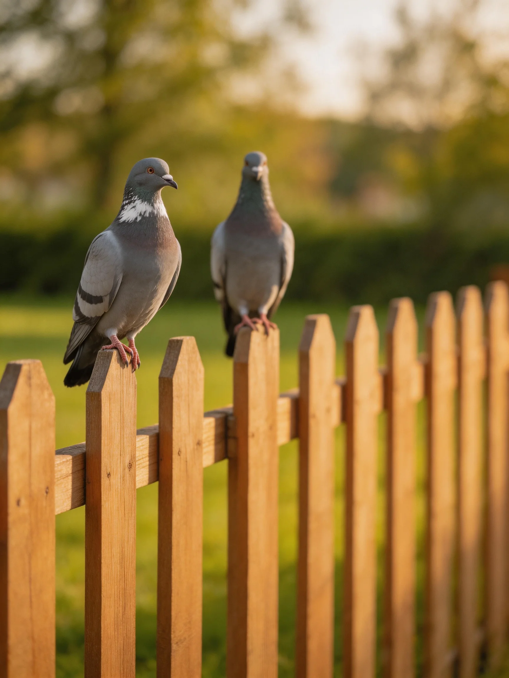 Two gray pigeons perch on a wooden picket fence near greenery