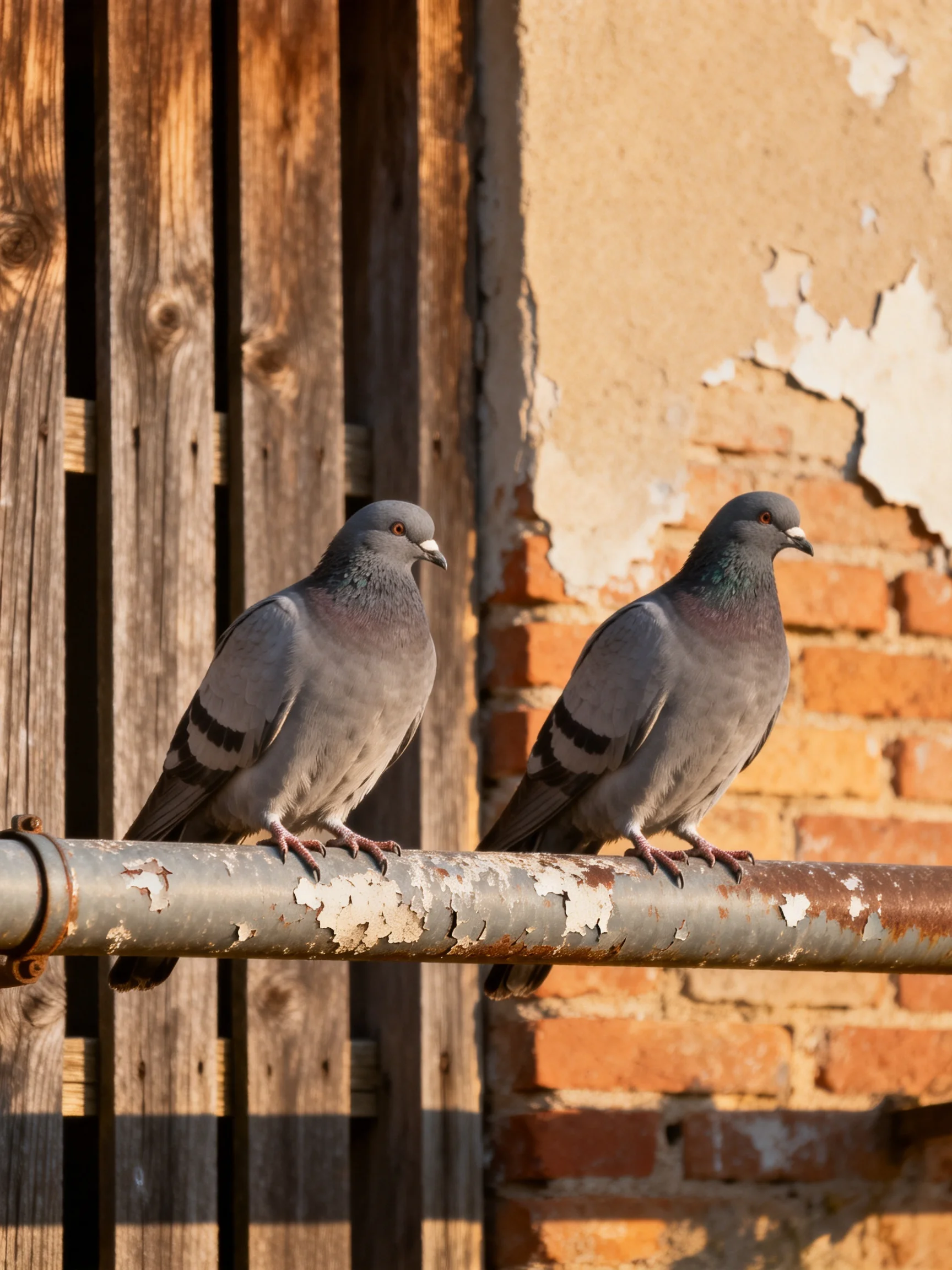 Two gray pigeons perch on an aged metal bar near weathered wood and brick