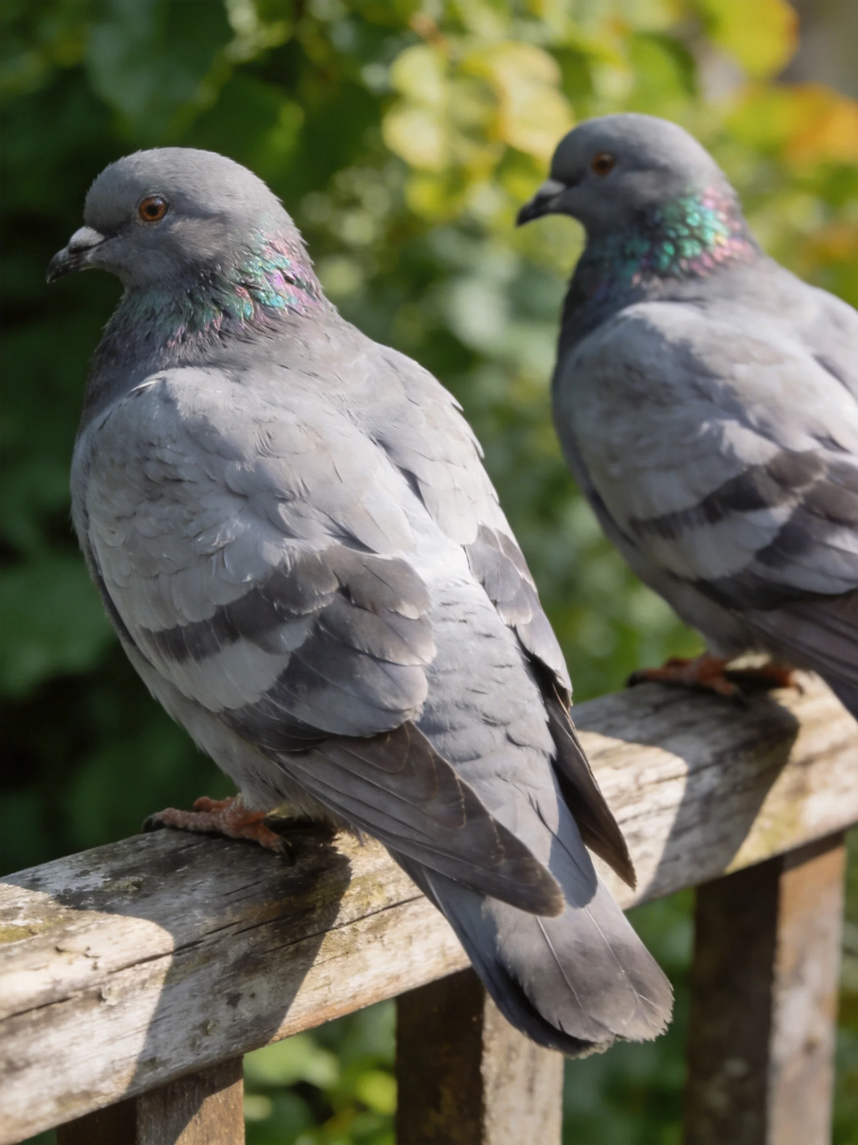Two gray pigeons perch on an aged wooden railing with green foliage