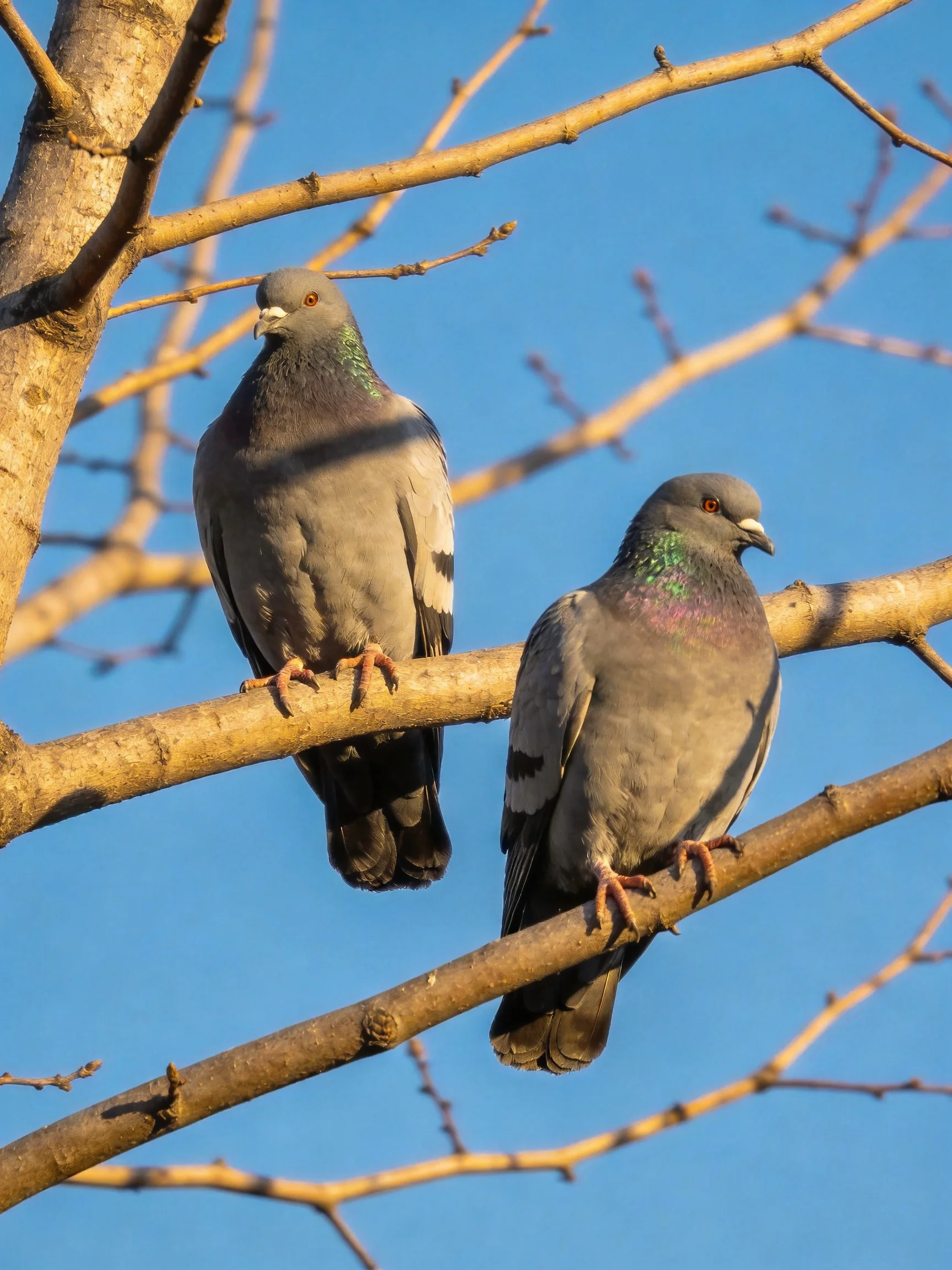 Two gray pigeons perch on bare tree branches against a clear blue sky