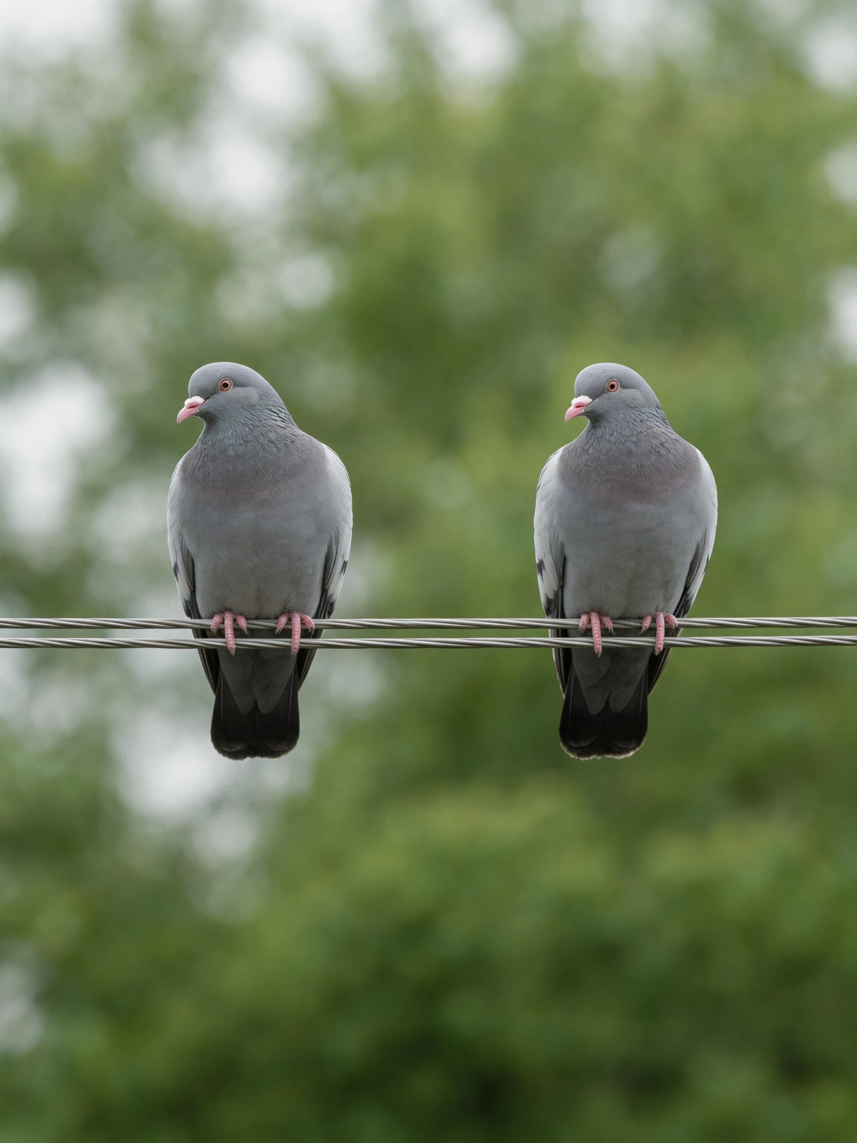 Two gray pigeons perch on parallel wires amid lush green foliage