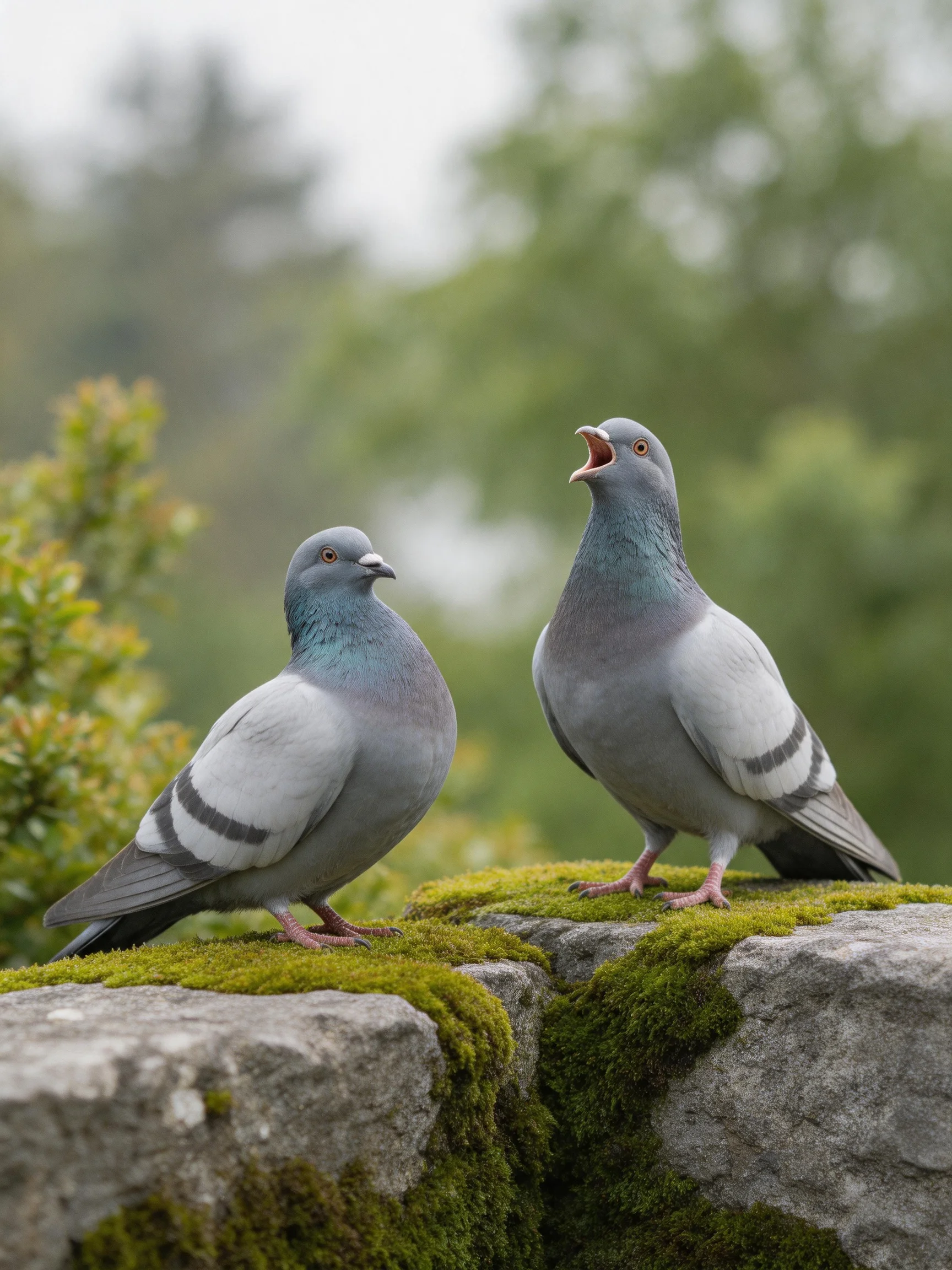 Two gray pigeons perched on moss-covered stone near lush green foliage
