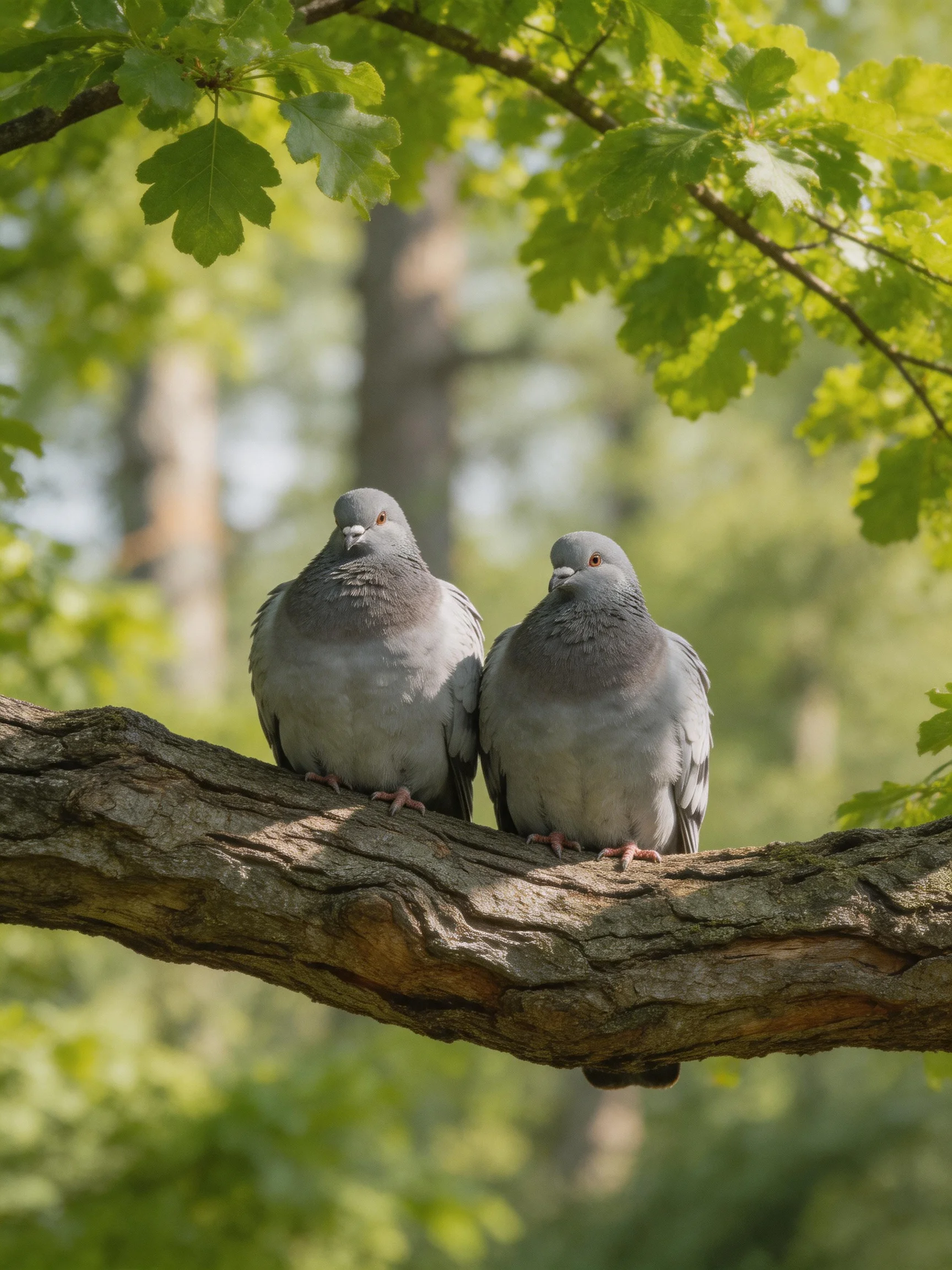 Two gray pigeons rest on a gnarled tree branch amid lush green foliage