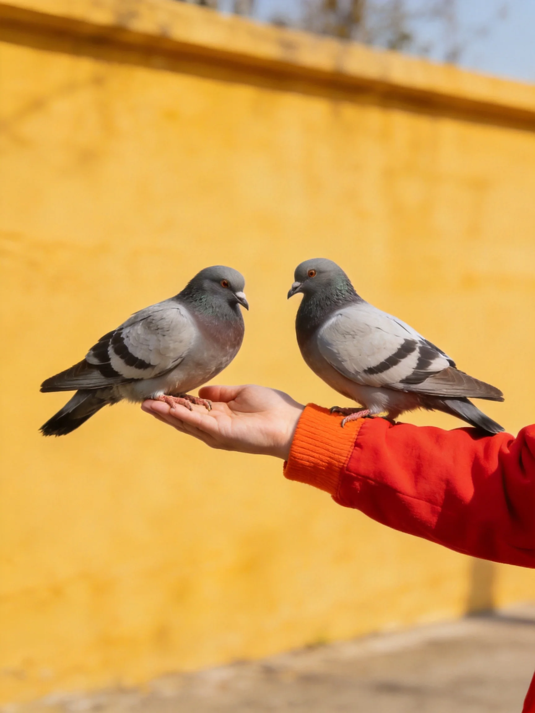 Two gray pigeons rest on a hand by a bright yellow wall
