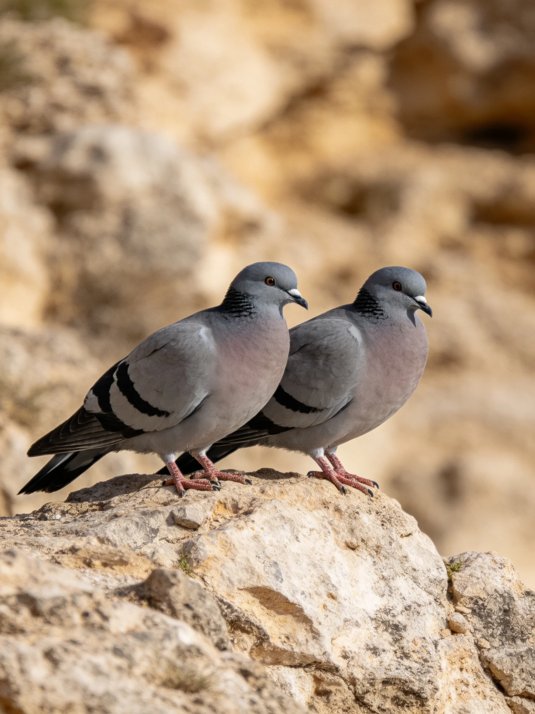 Two gray pigeons rest on a rugged stone formation with earthy tones