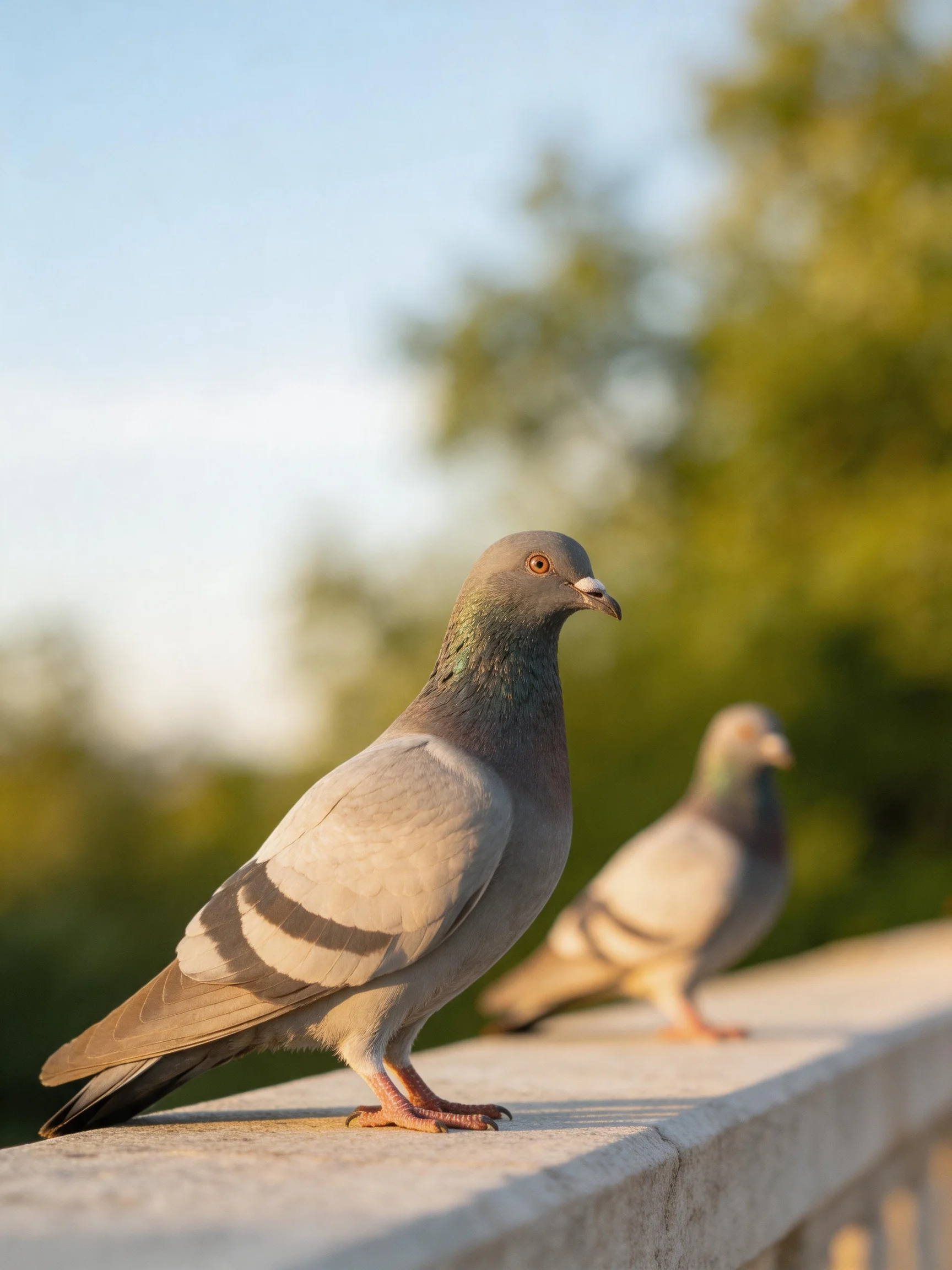 Two gray pigeons rest on a stone ledge amid greenery