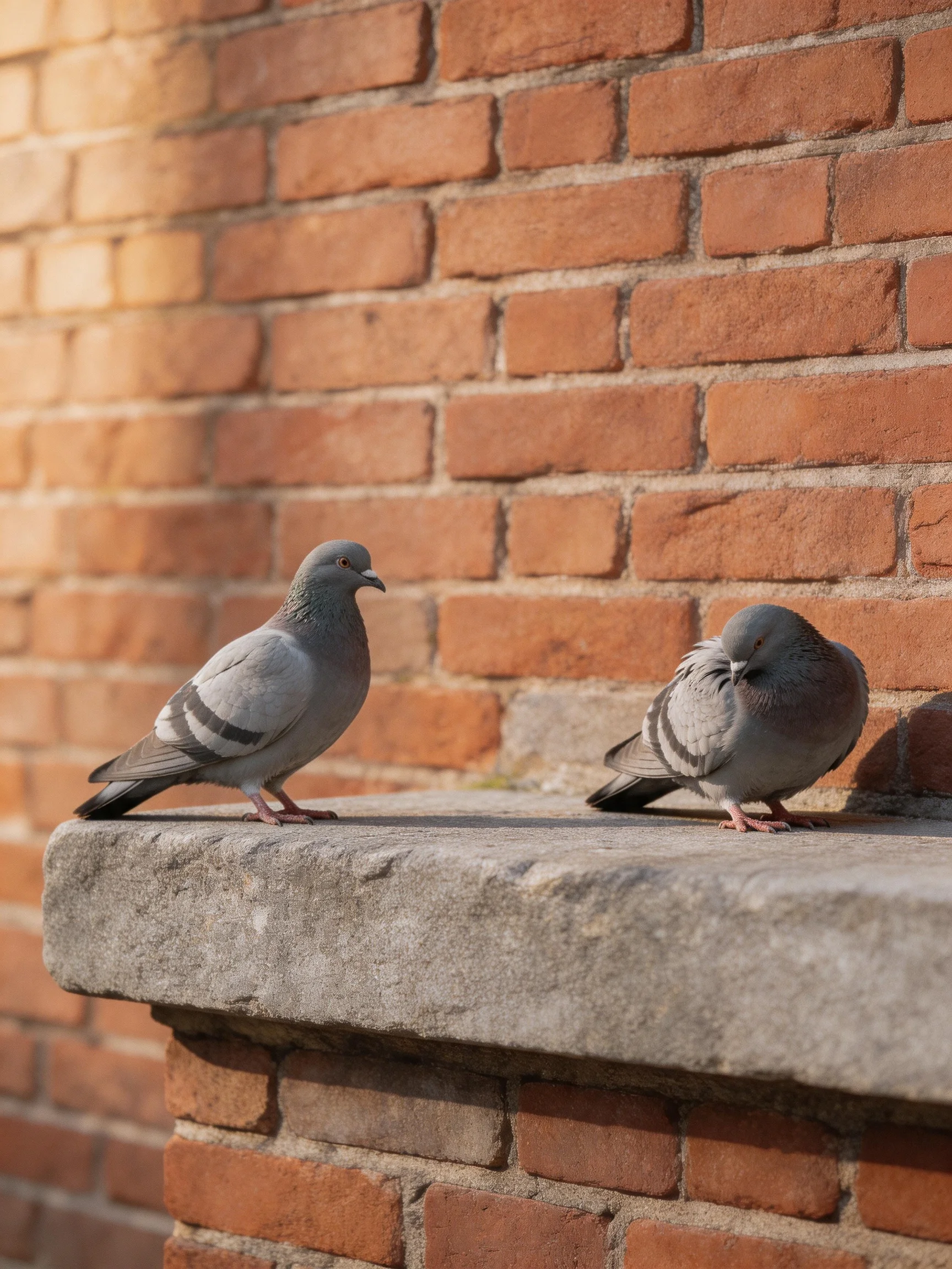 Two gray pigeons rest on a stone ledge beside a red brick wall