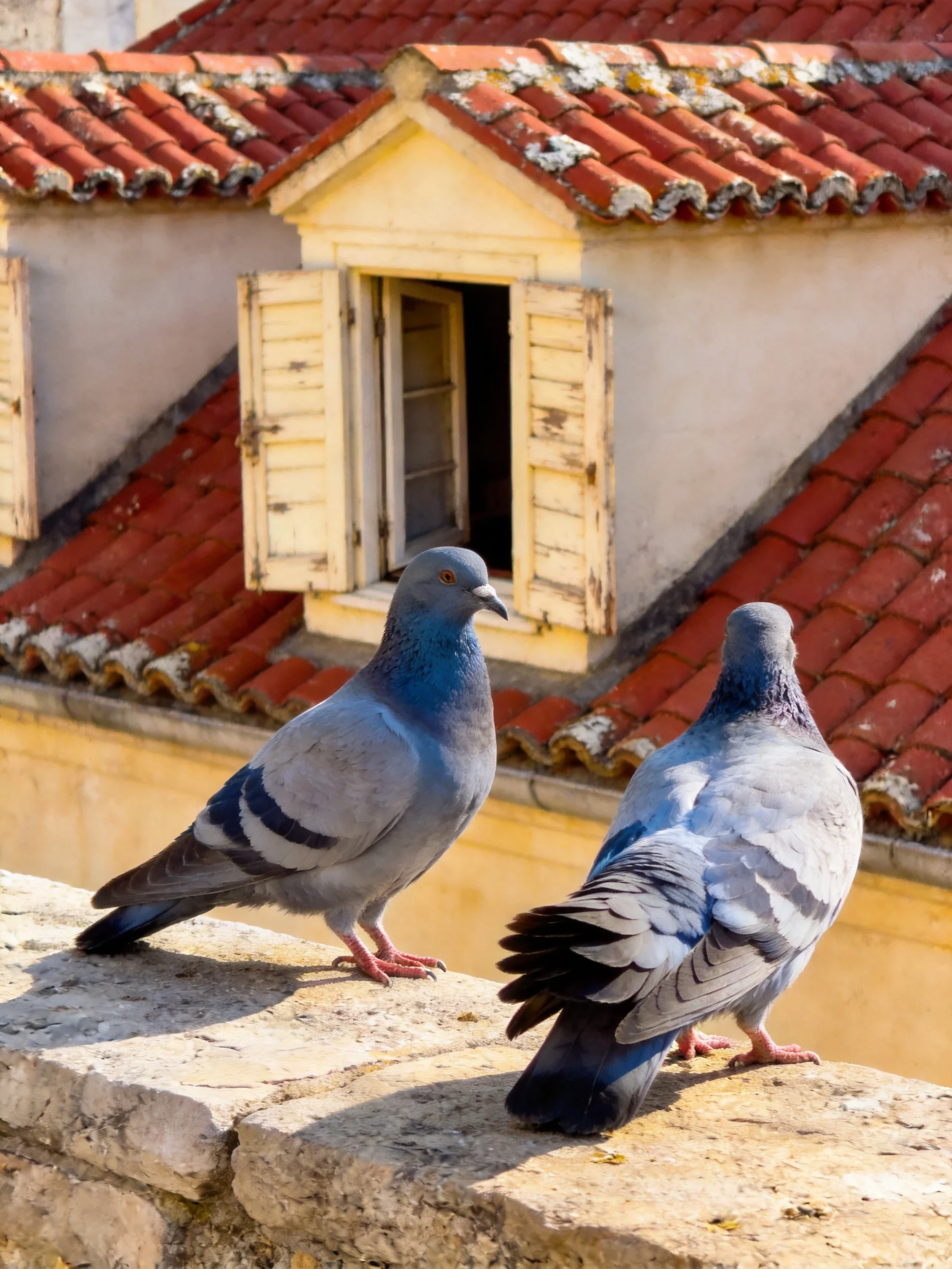 Two gray pigeons sit on a stone ledge by old red-tiled rooftops.