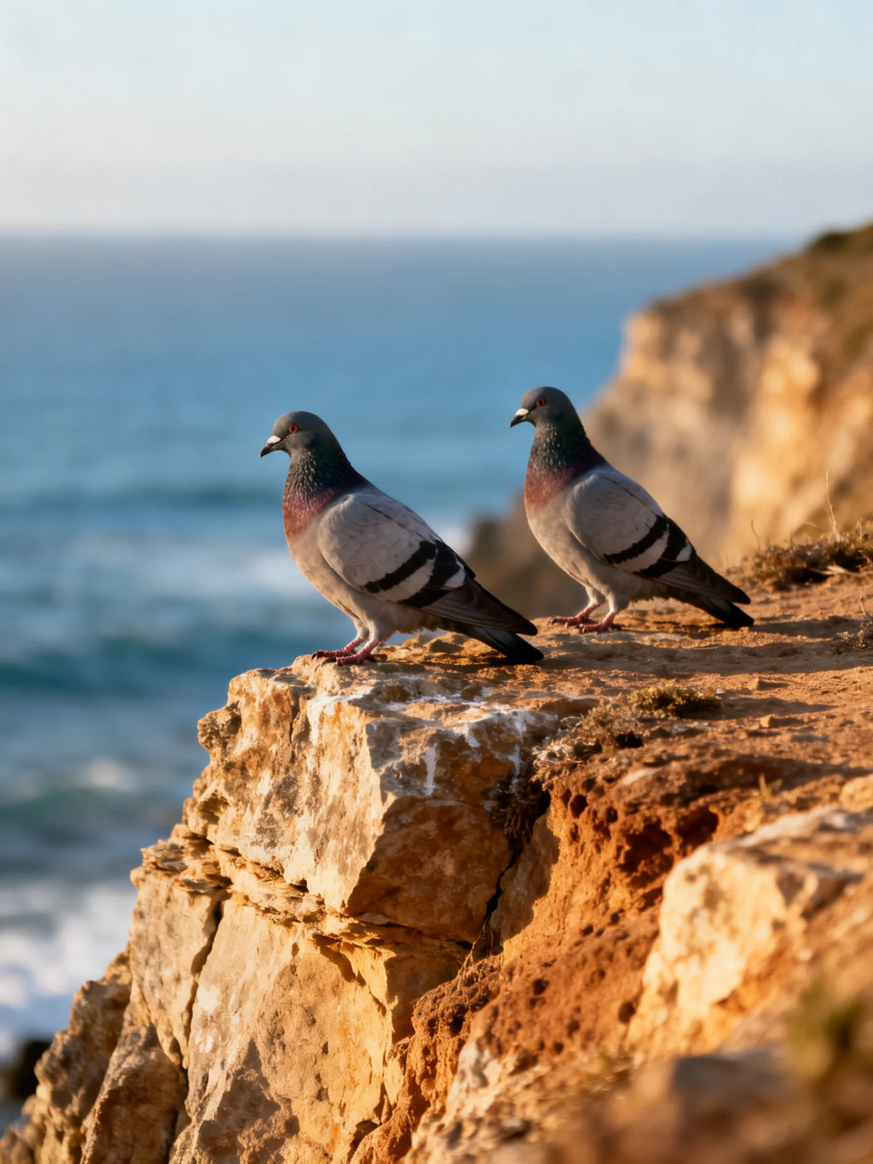 Two gray pigeons rest on a sun-drenched rocky cliffside by the sea