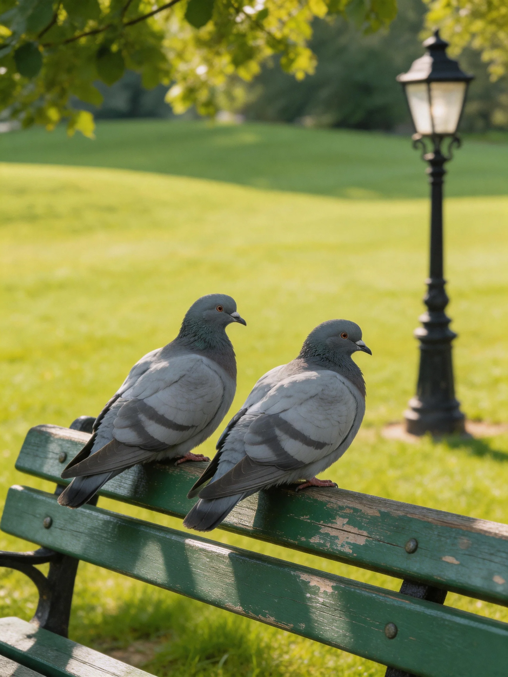Two gray pigeons rest on a weathered green park bench