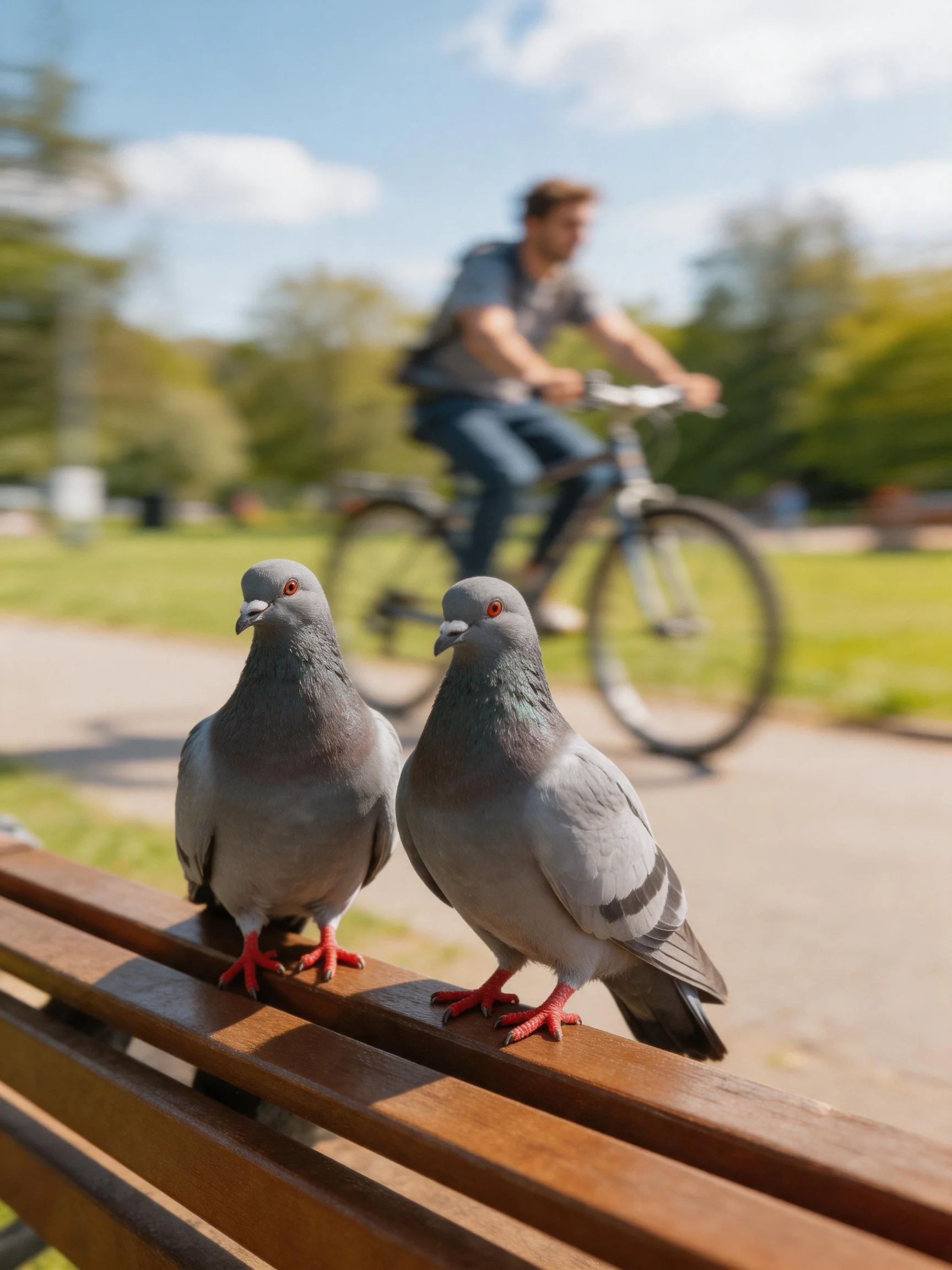 Two gray pigeons rest on a wooden park bench near a cyclist