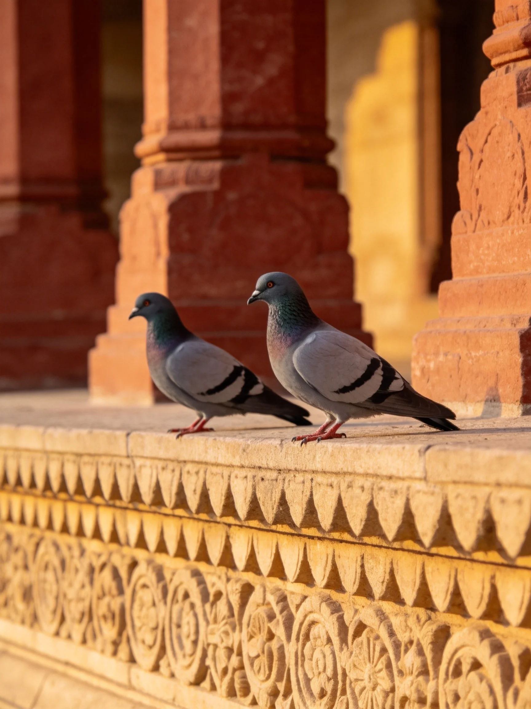 Two gray pigeons rest on an ornate stone ledge near red columns