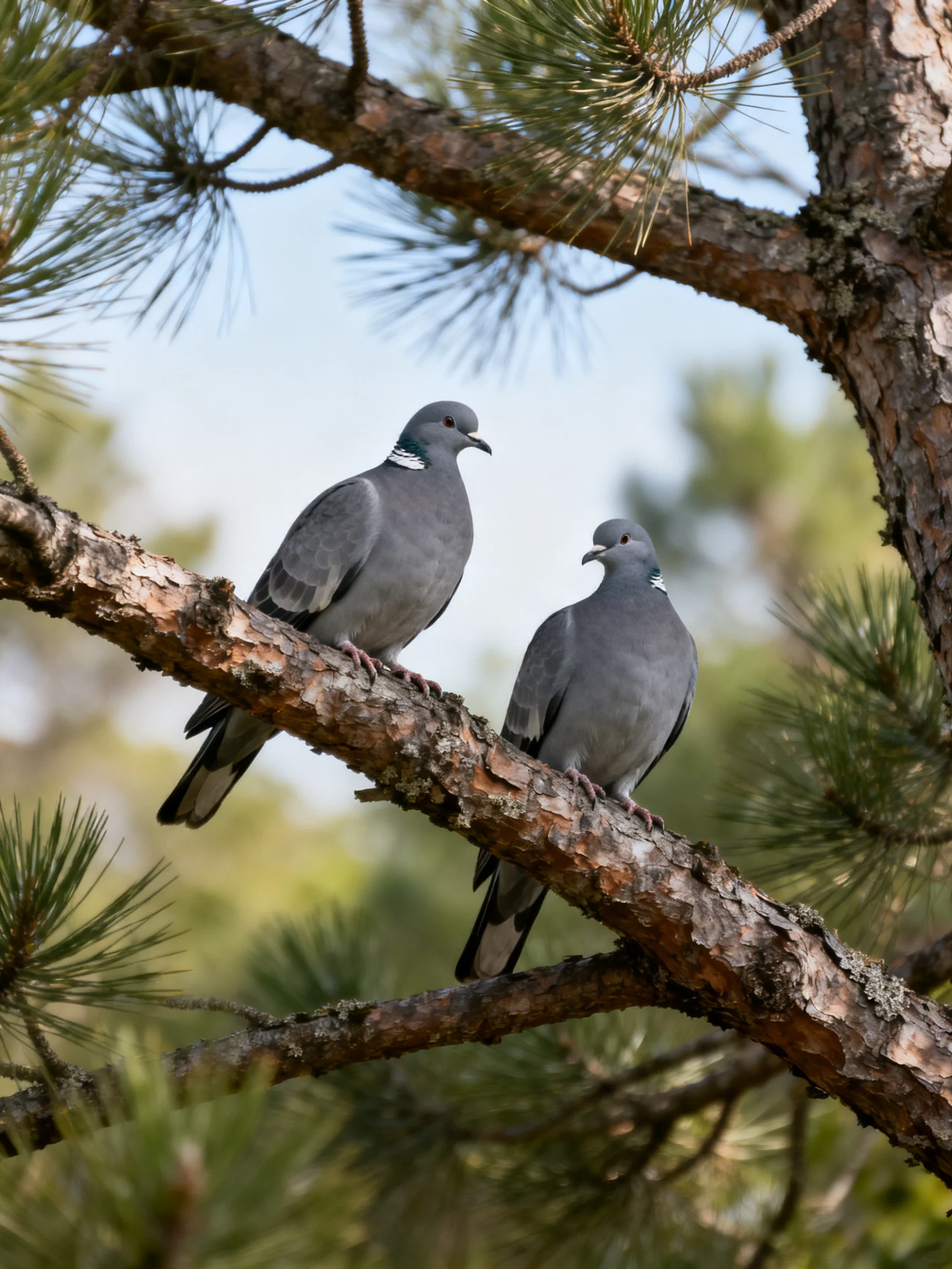 Two gray pigeons rest on aweathered pine branch