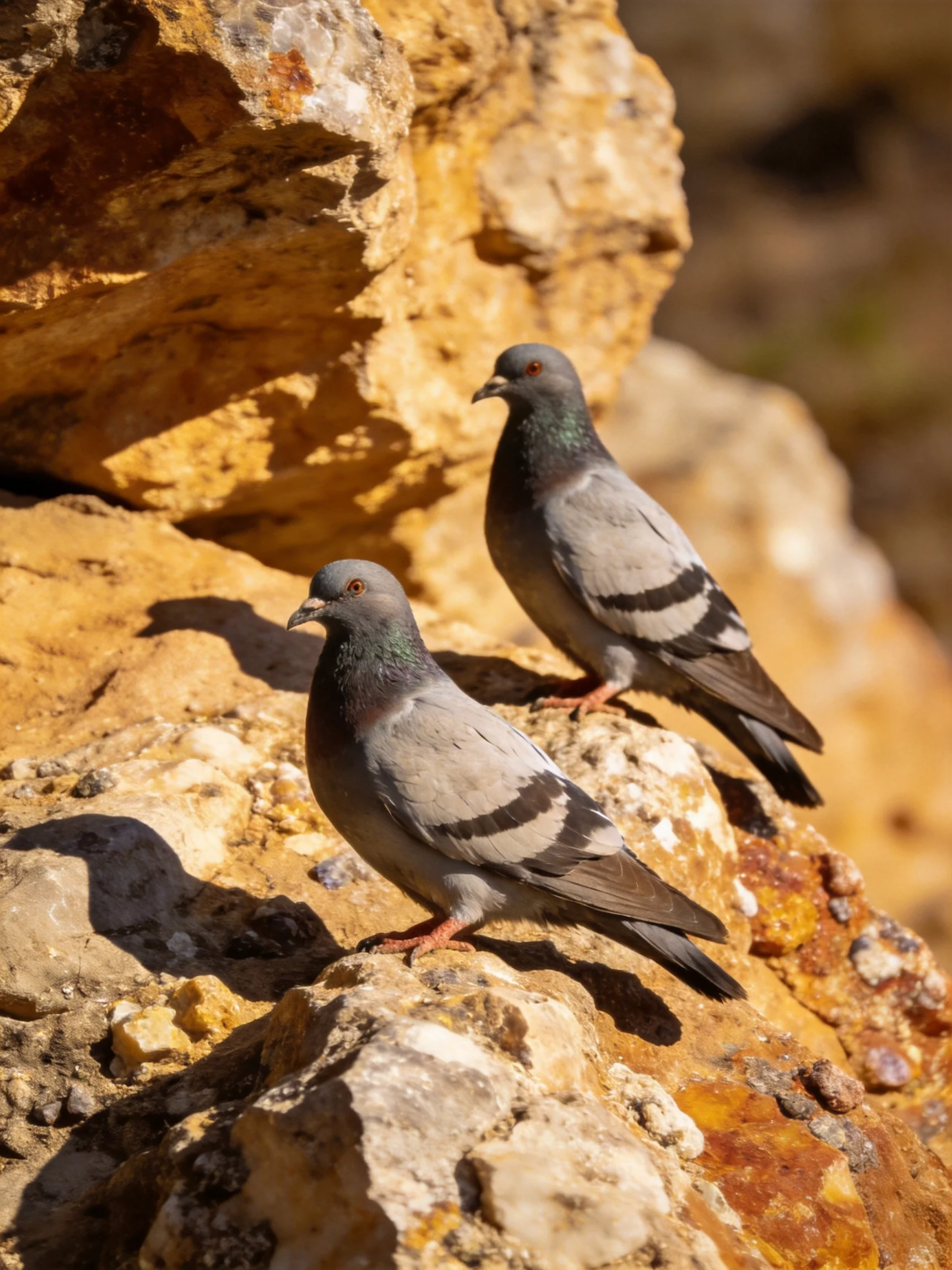 Two gray pigeons rest on rugged, earth-toned rock formations