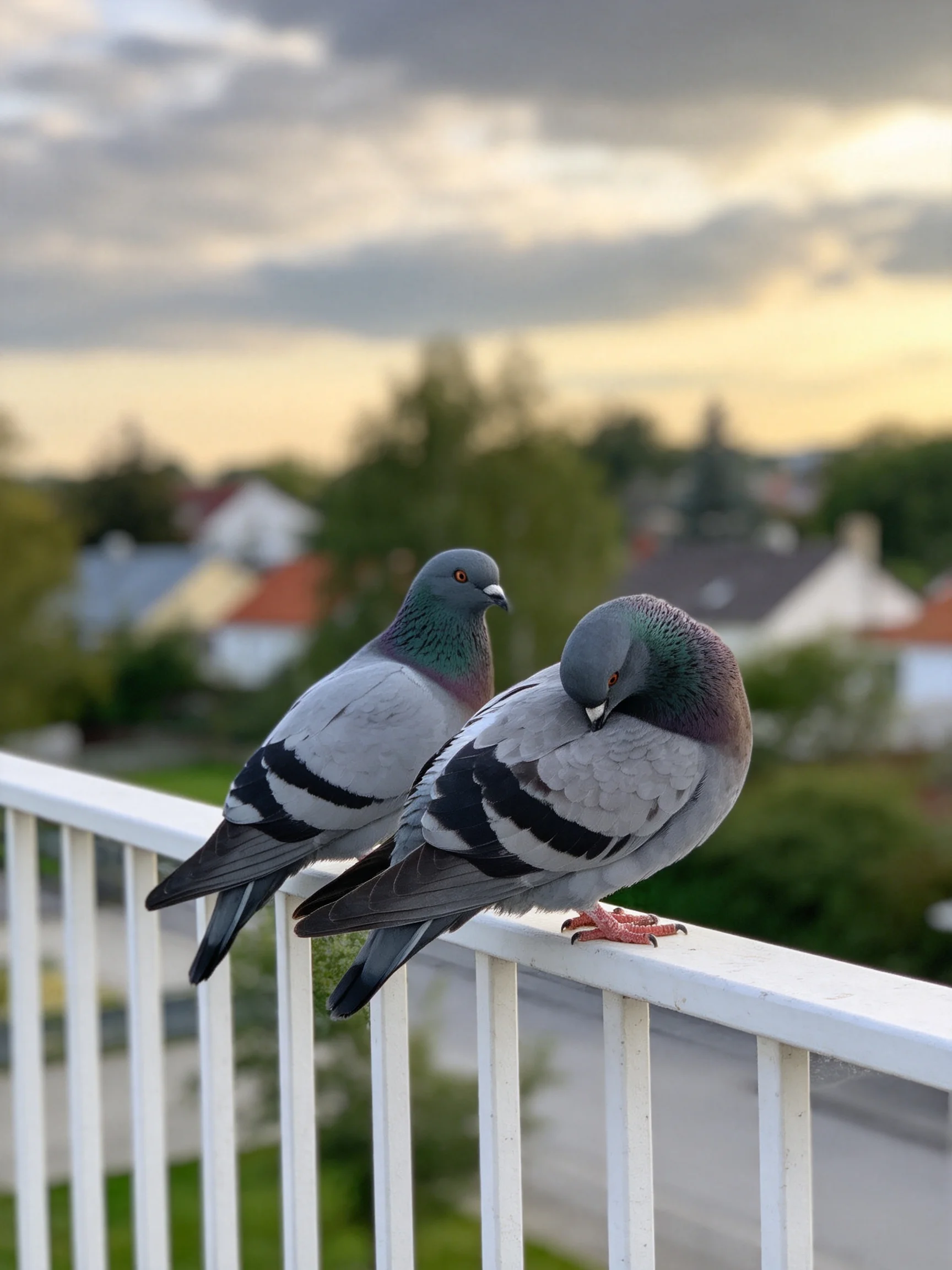 Two gray pigeons rest on white railing amid suburban scenery