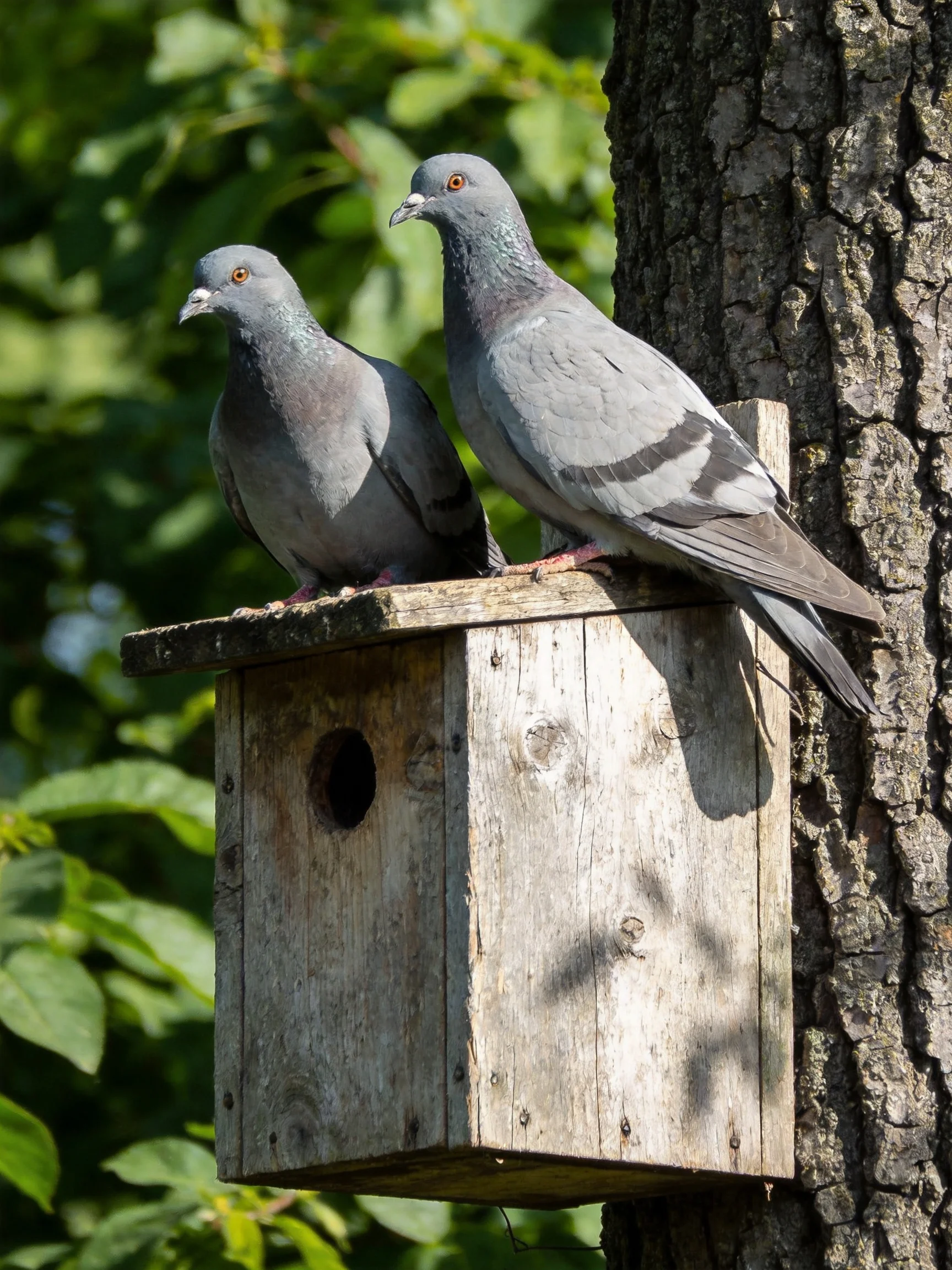 Two gray pigeons sit atop an aged wooden birdhouse near a tree