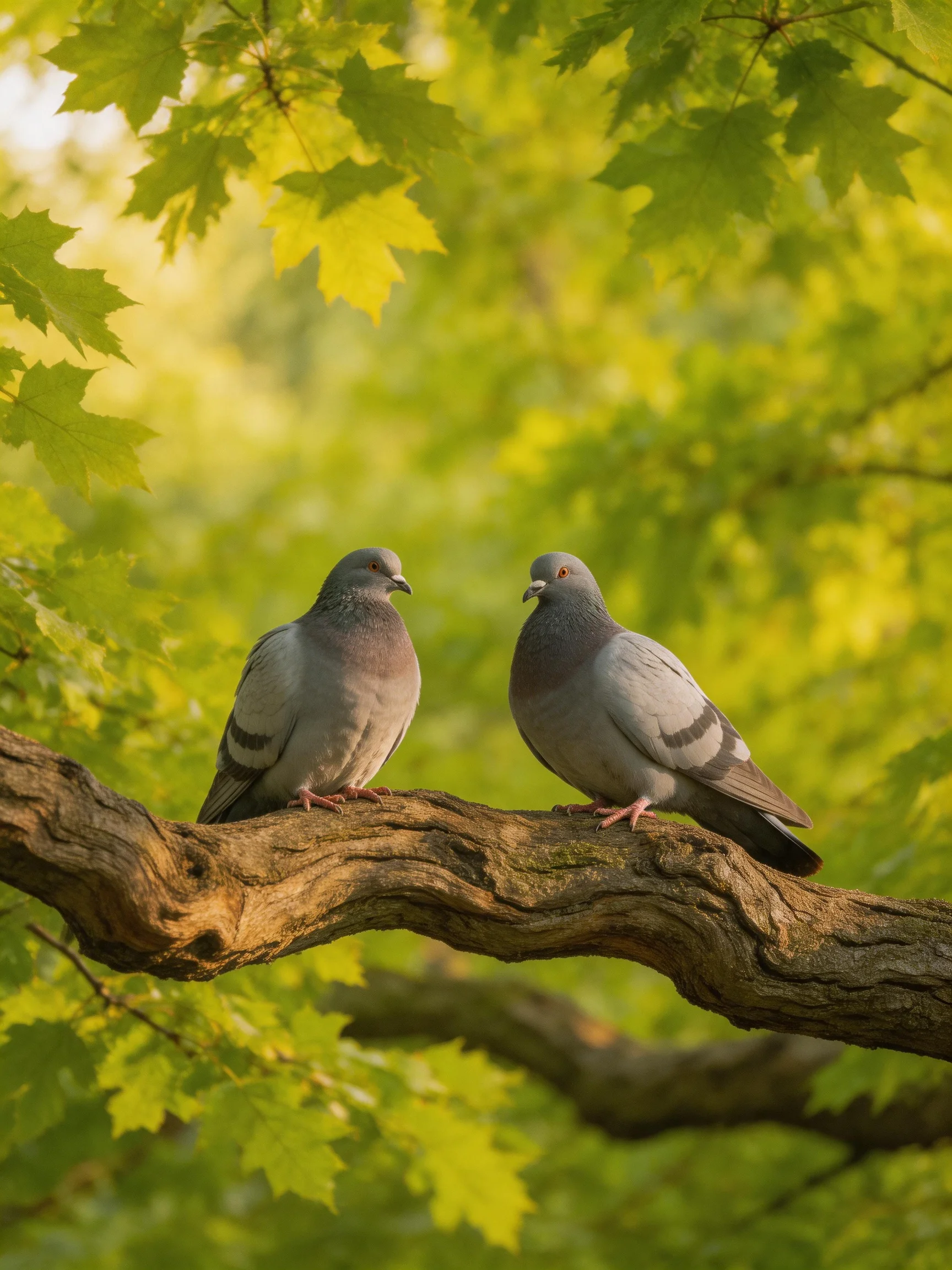 Two gray pigeons sit on a gnarled branch amid lush green foliage