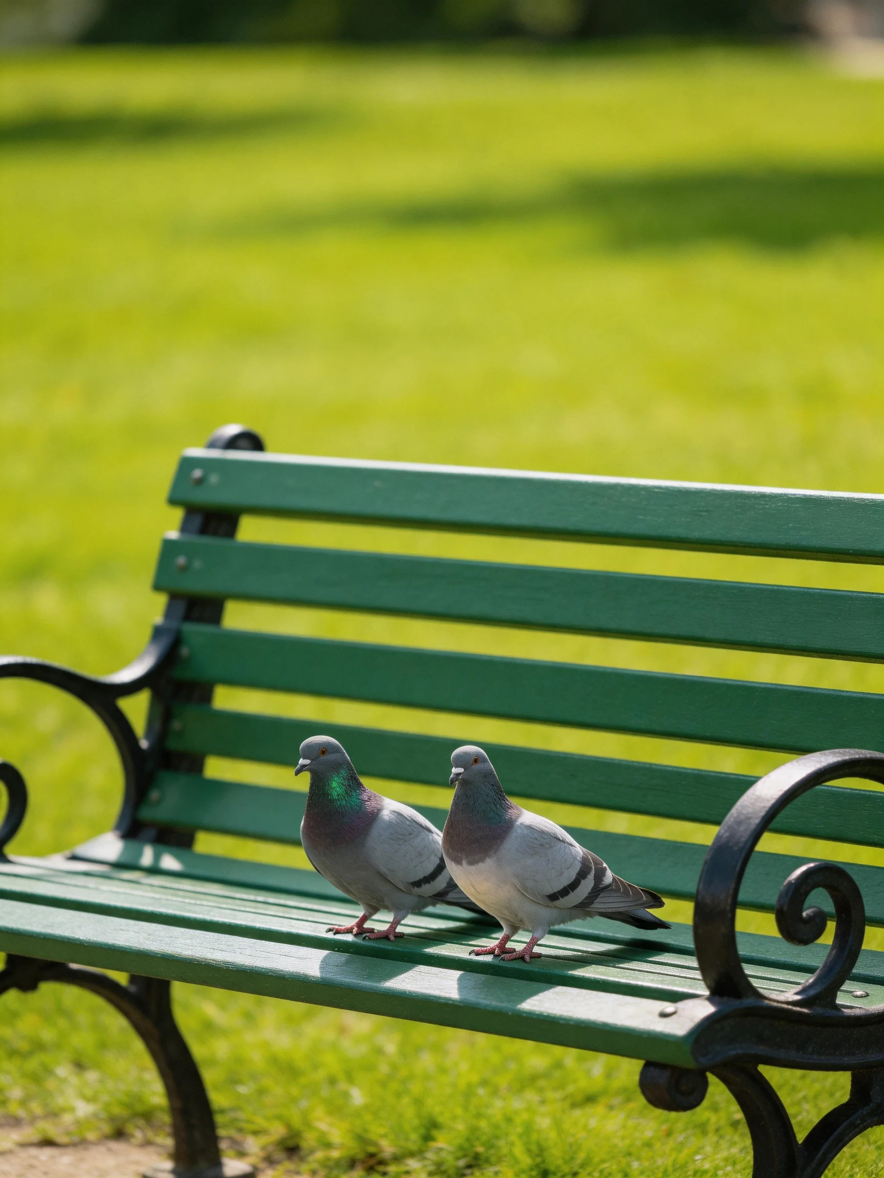 Two gray pigeons sit on a green park bench with black metal armrests
