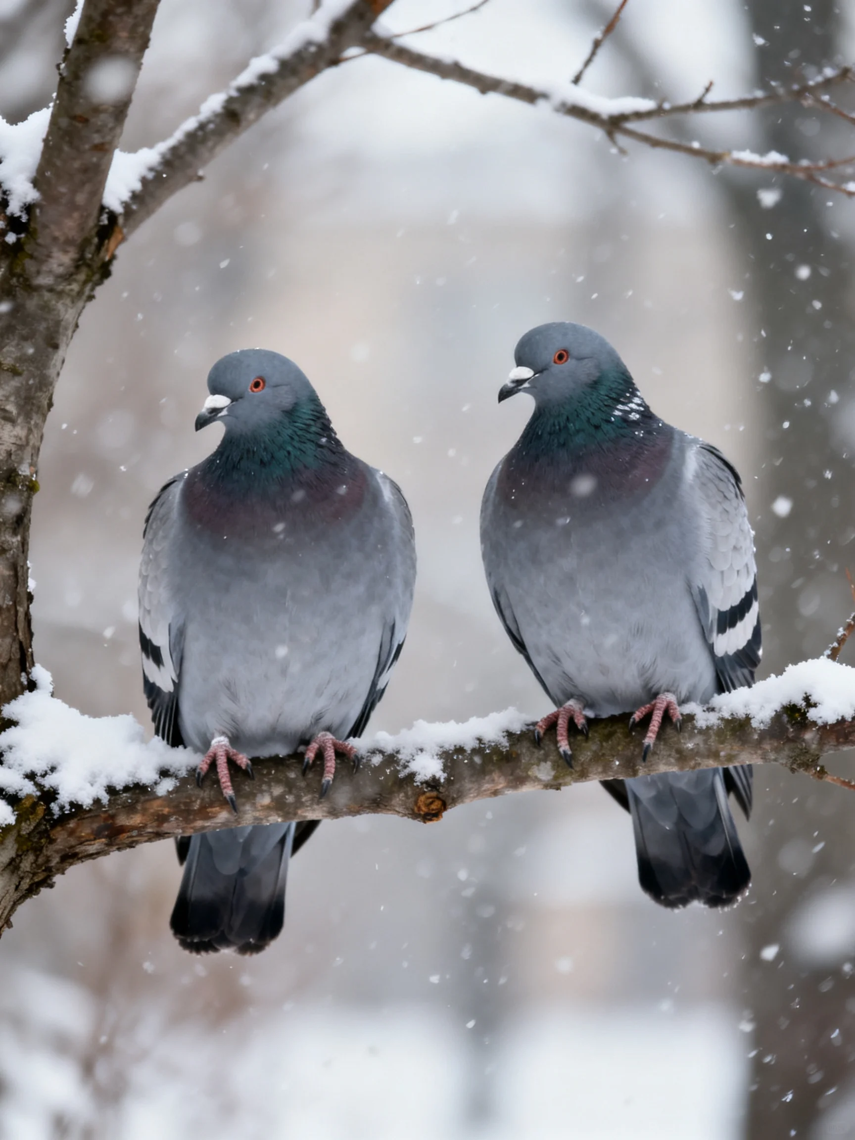 Two gray pigeons sit on a snow-dusted tree branch during snowfall